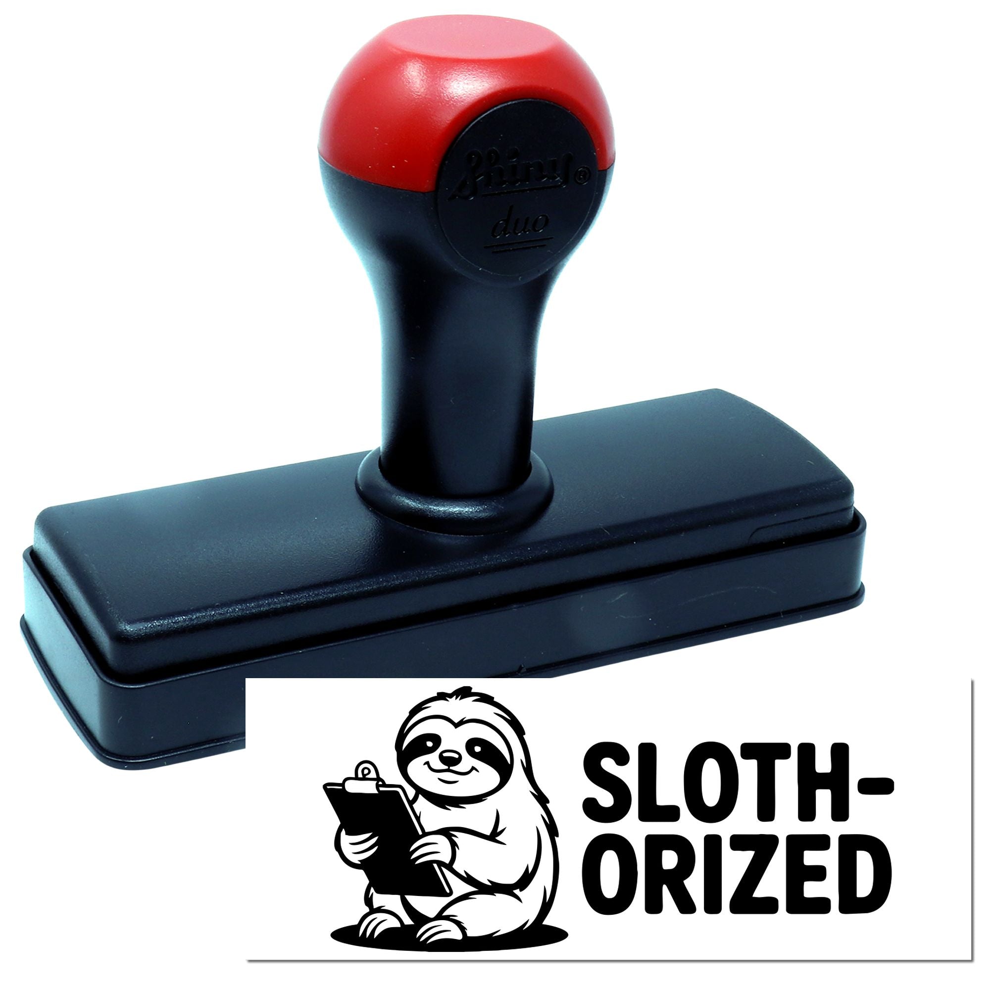 Custom self-inking rubber stamp with Sloth-Orized sloth logo, ideal for fun office approvals and personalized stamping.