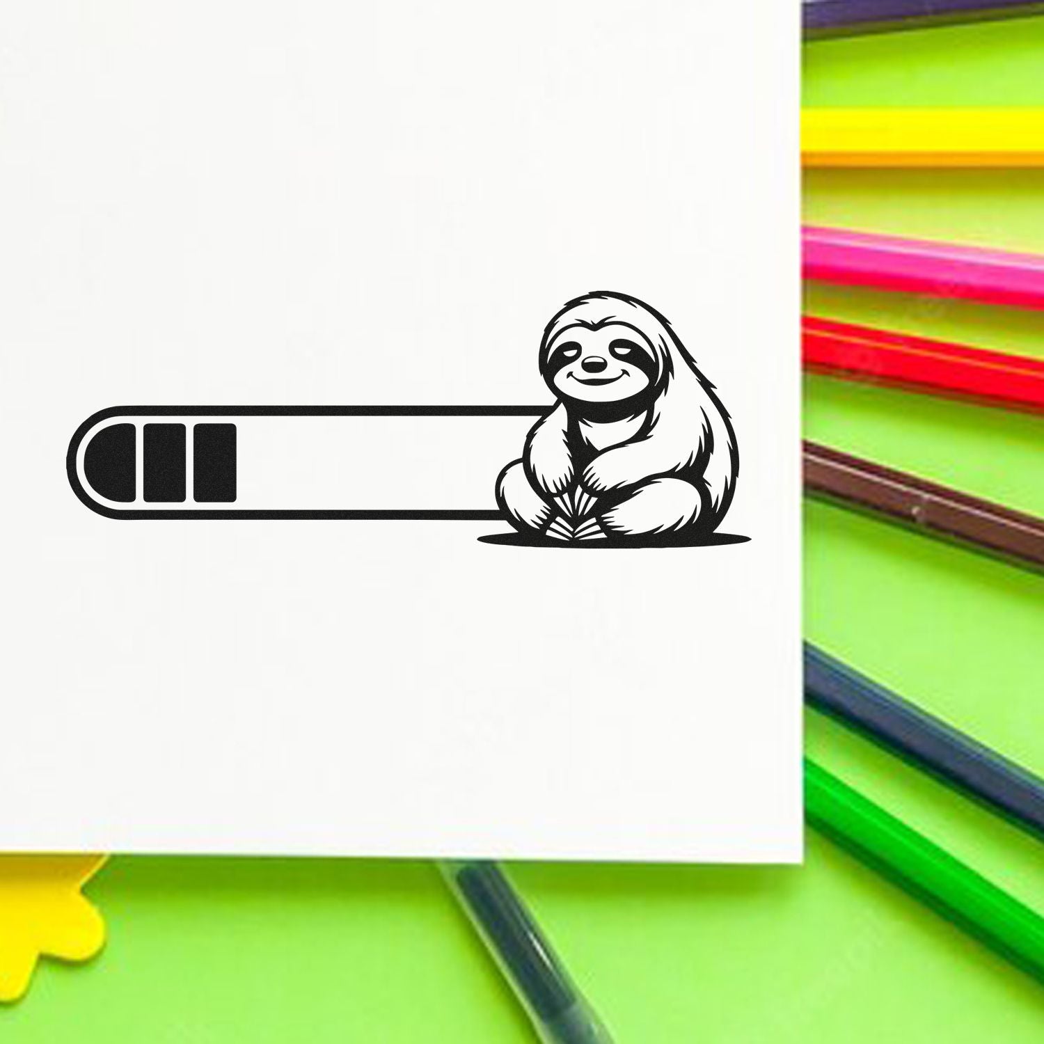 Sloth rubber stamp design with progress bar, ideal for custom stationery, crafts, and fun animal-themed stamping.