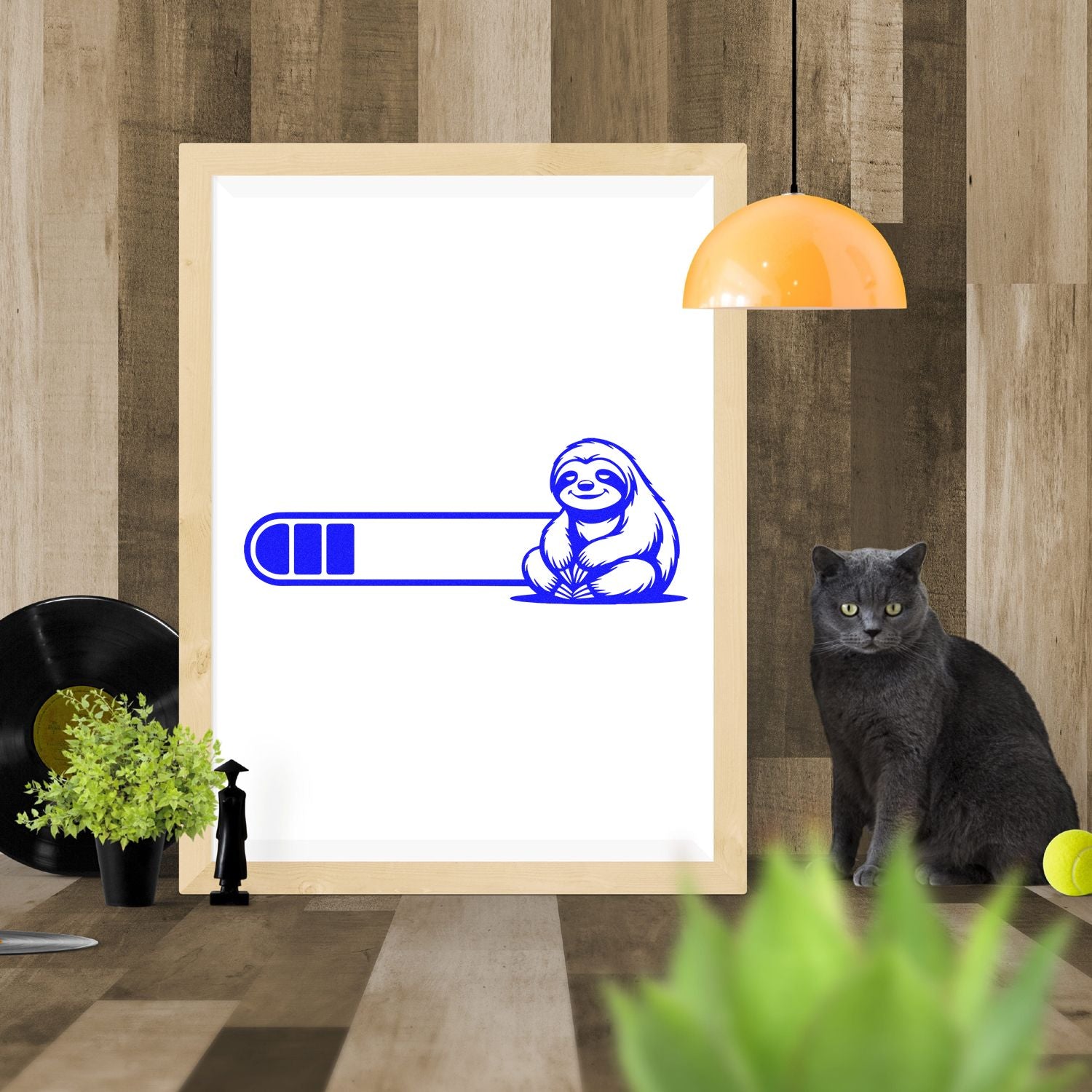 Sloth rubber stamp design with progress bar icon, ideal for custom branding, packaging, or office decor.