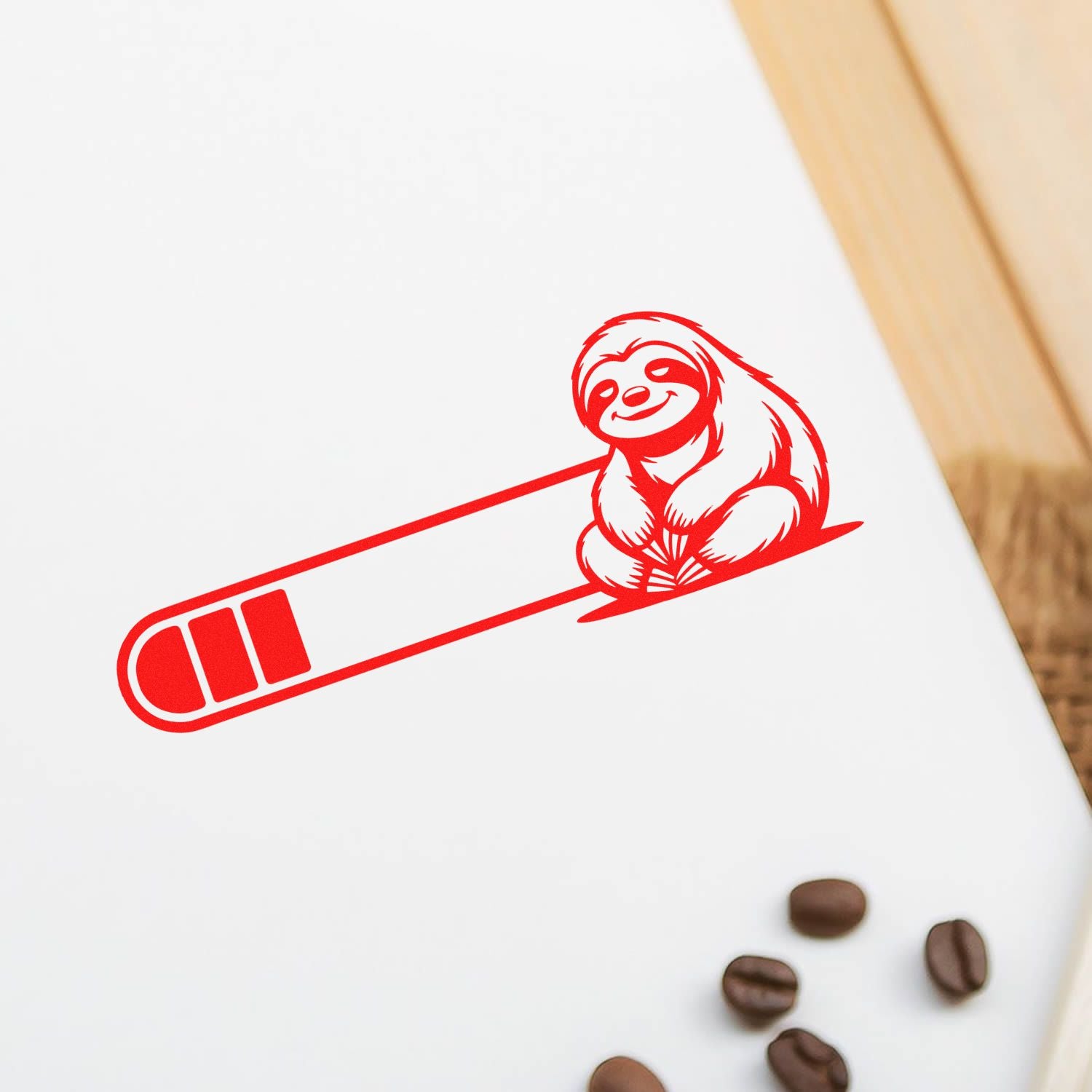 Custom rubber stamp design featuring a sloth on a pencil, ideal for stationery, branding, and teacher or office stamps.