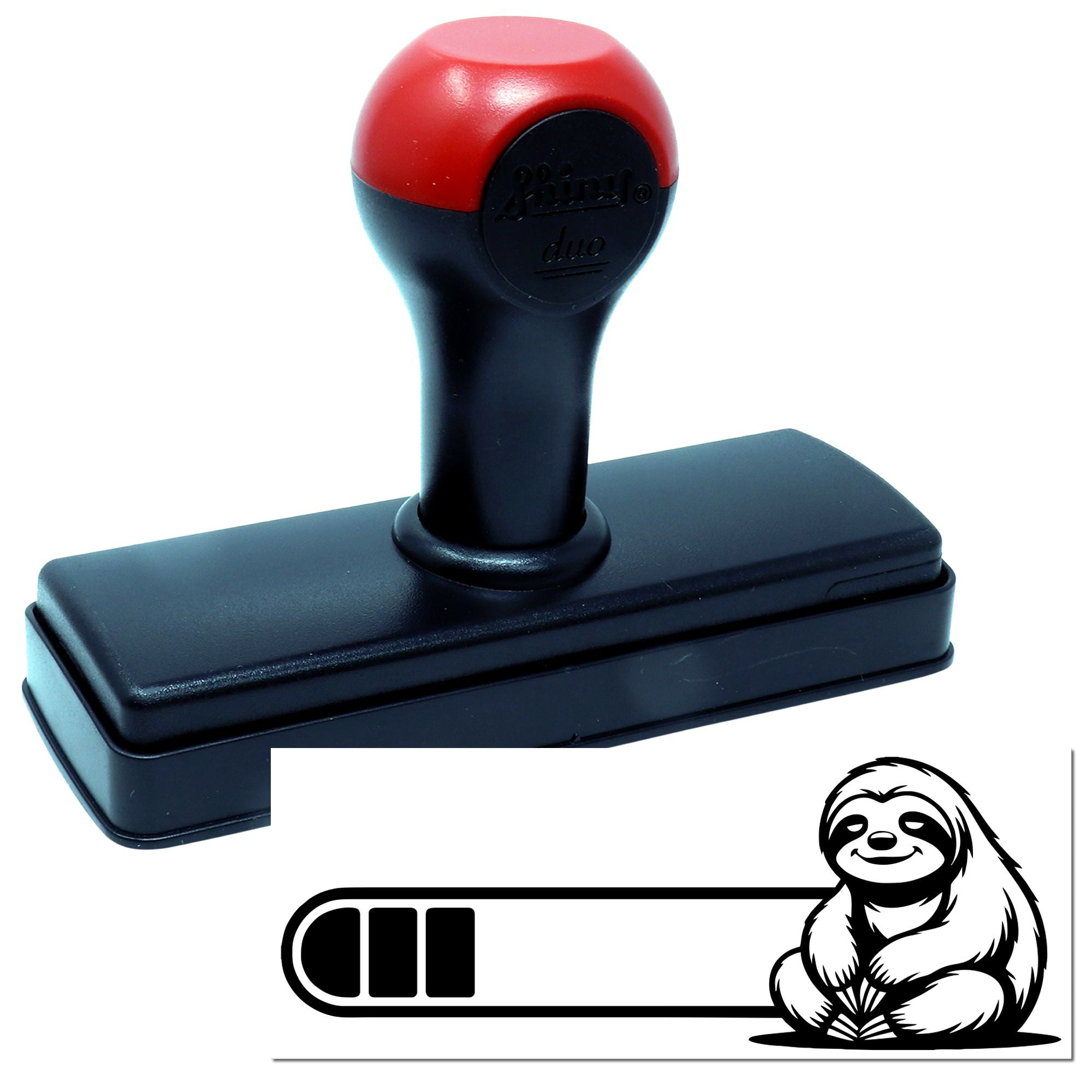 Self-inking rubber stamp with custom sloth logo, ideal for branded business stamping and office use.