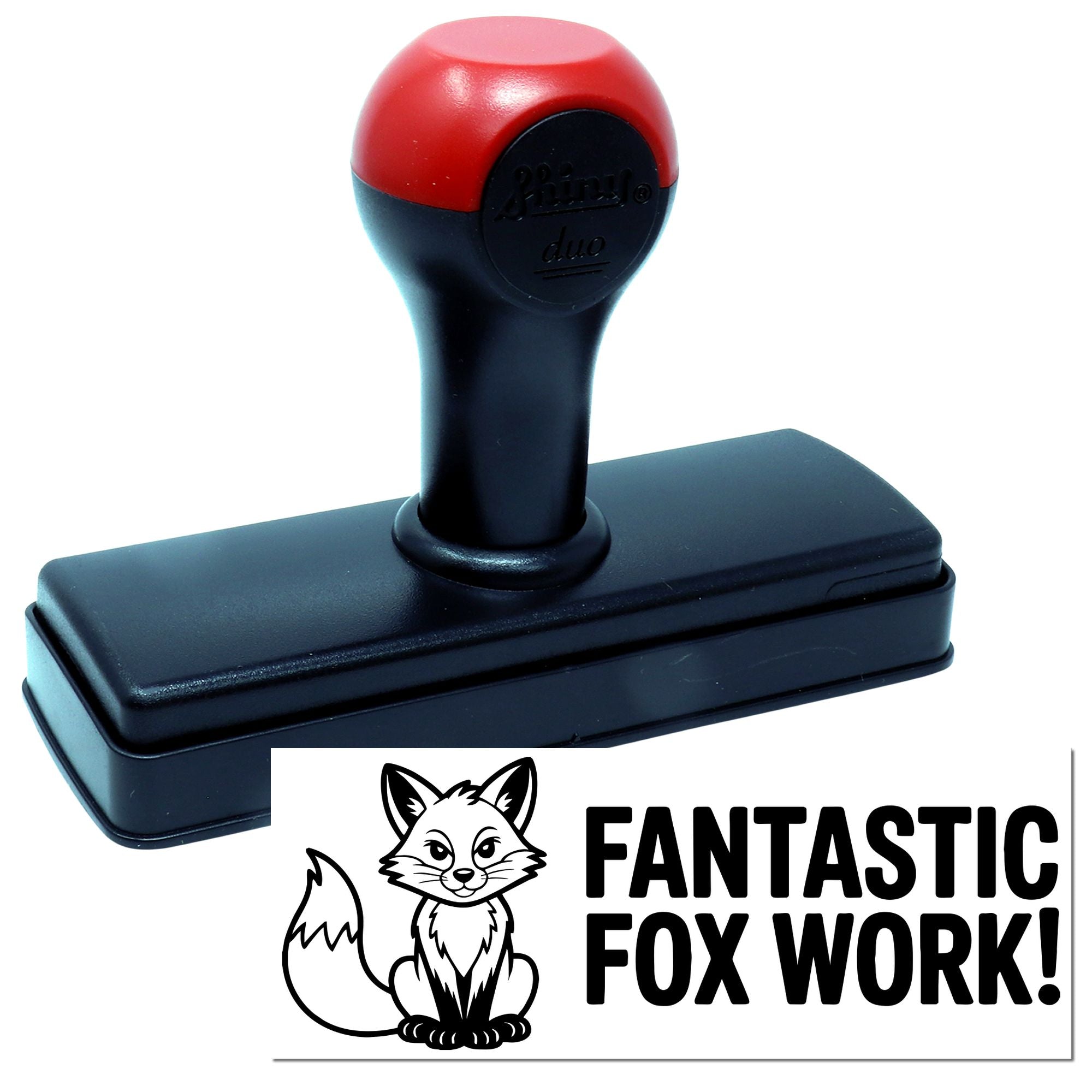 Self-inking rubber stamp with fox design and Fantastic Fox Work! imprint for custom business or reward stamps.