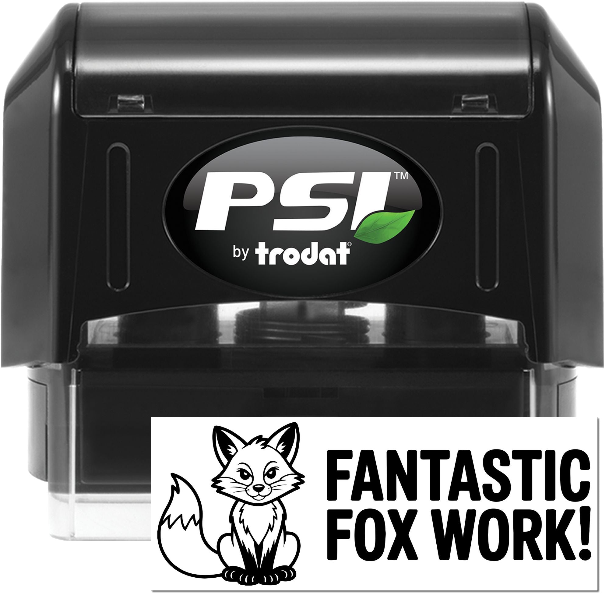 PSI by Trodat self-inking rubber stamp with custom fox design and Fantastic Fox Work! text for personalized use.