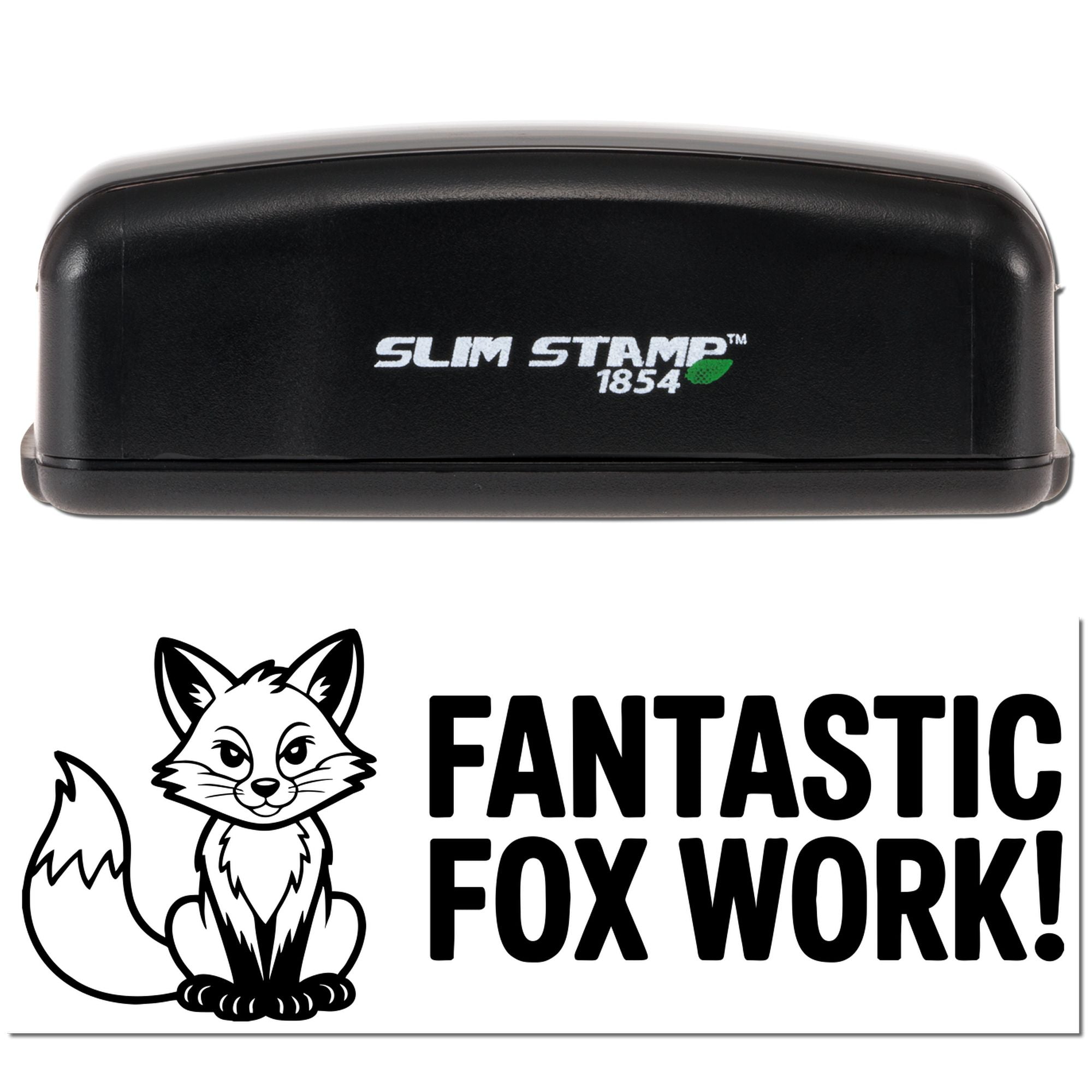 Slim Stamp 1854 self-inking rubber stamp with Fantastic Fox Work fox design for custom branding and office use.