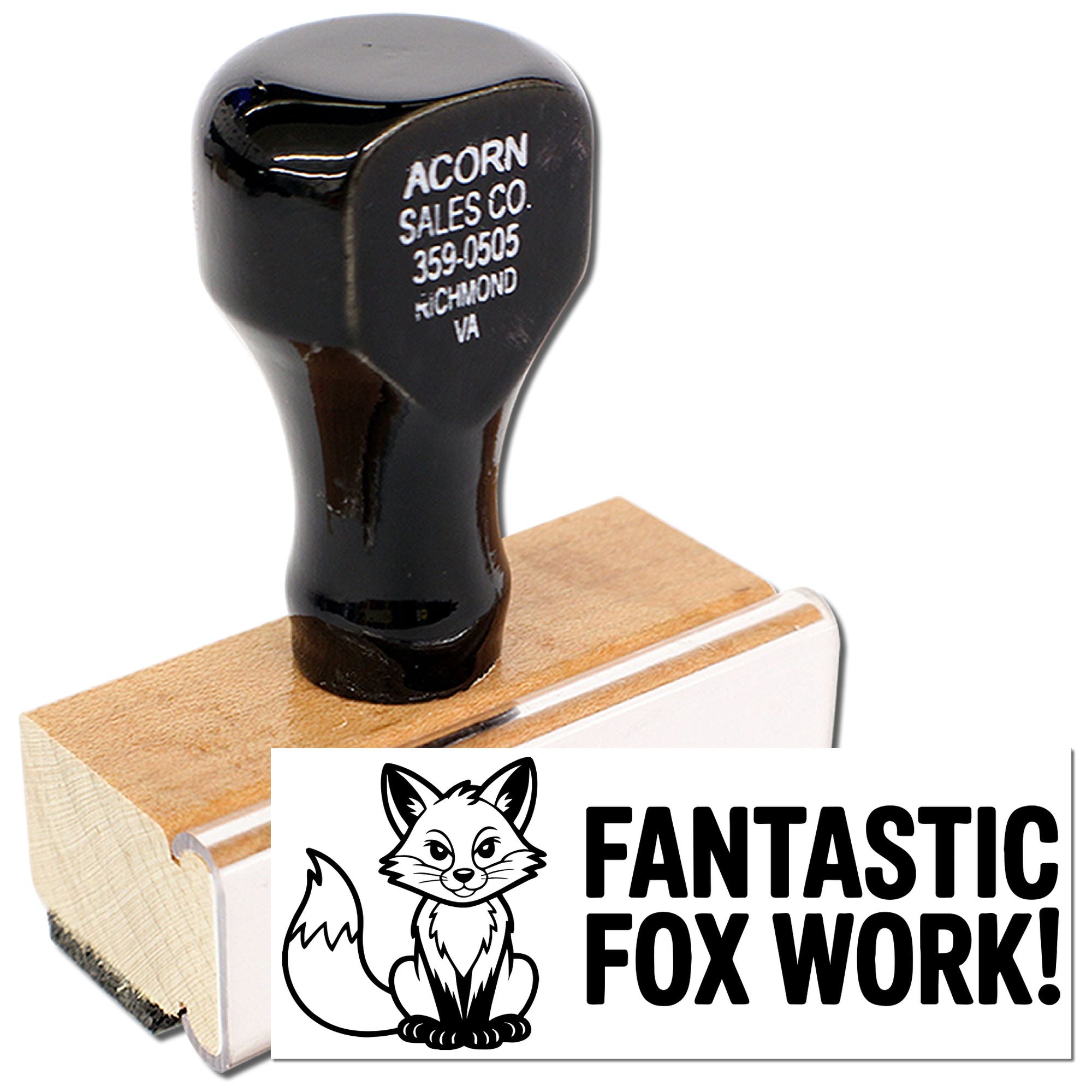 Custom fox rubber stamp with Fantastic Fox Work! text for personalized business, classroom, or craft stamping.