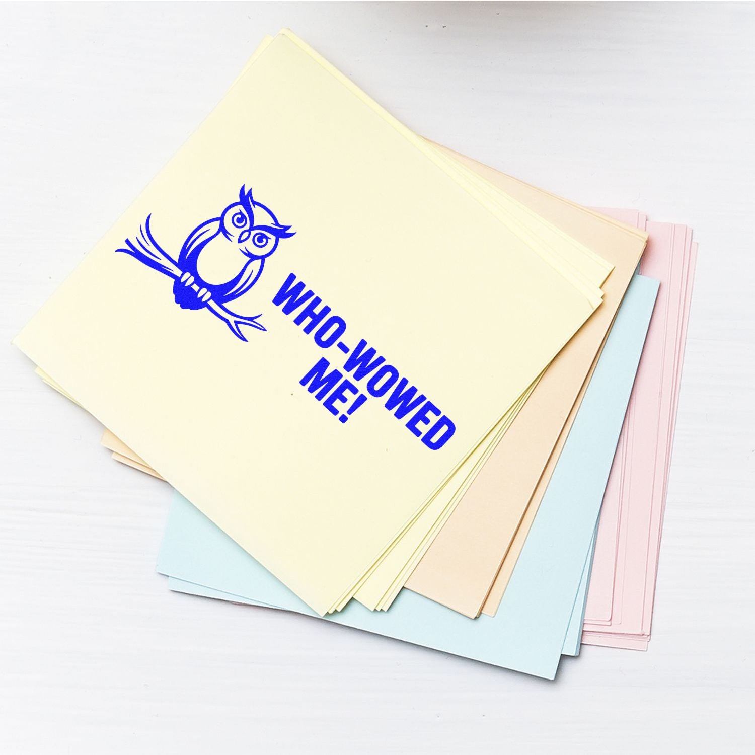 Who-Wowed Me owl rubber stamp on pastel stationery, ideal for classroom rewards, office mail, and paper crafting.