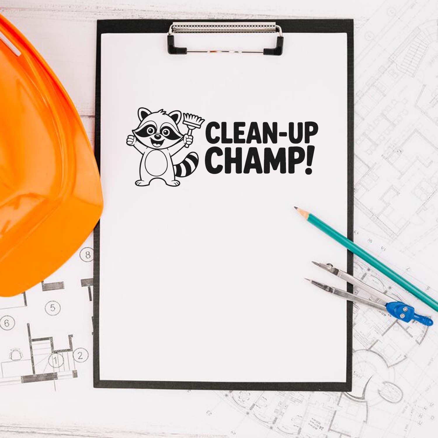 Clean-Up Champ rubber stamp with raccoon and broom, perfect for rewarding cleanup tasks in classrooms or at home.