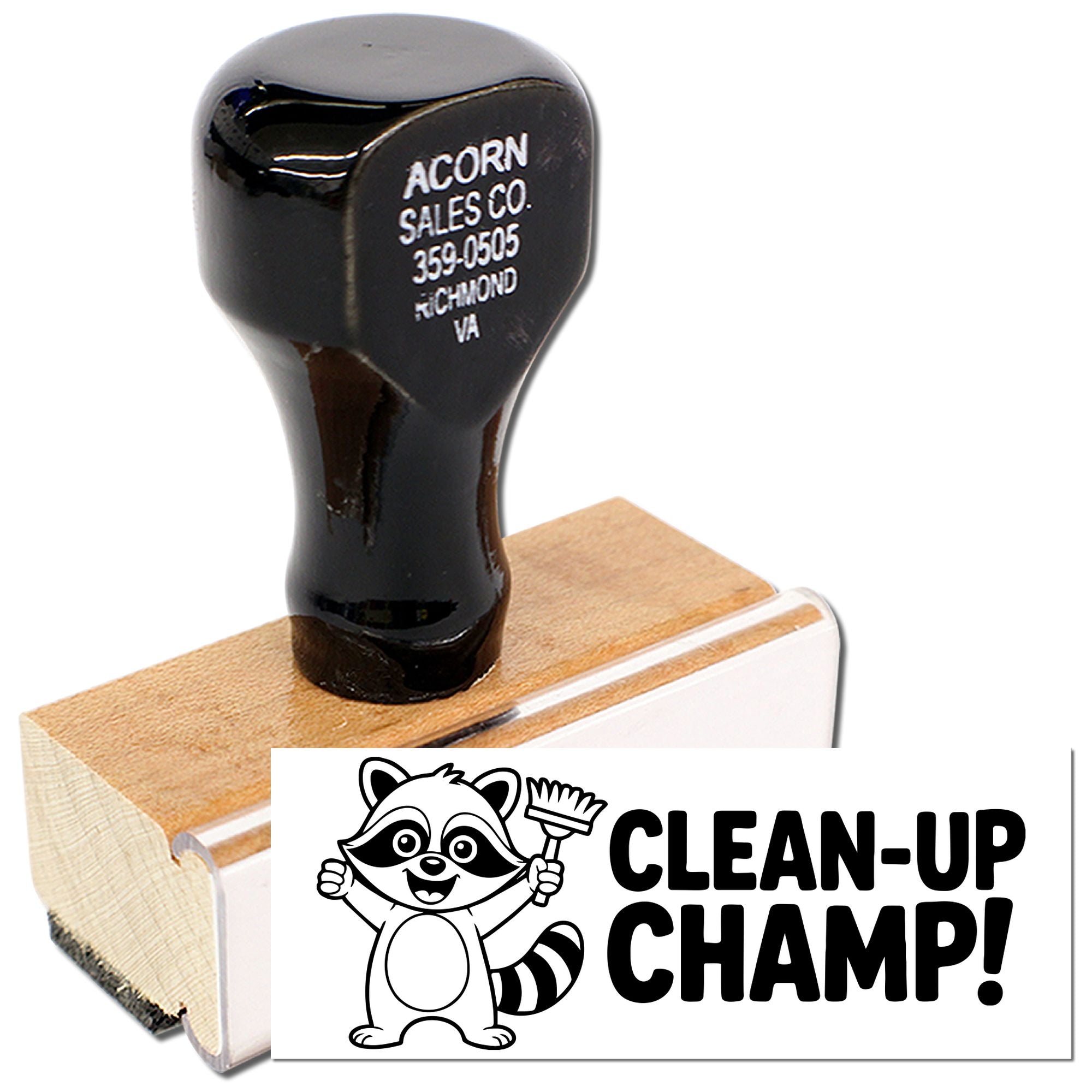 Custom rubber stamp with Clean-Up Champ raccoon design, ideal for craft projects, packaging, and business branding.