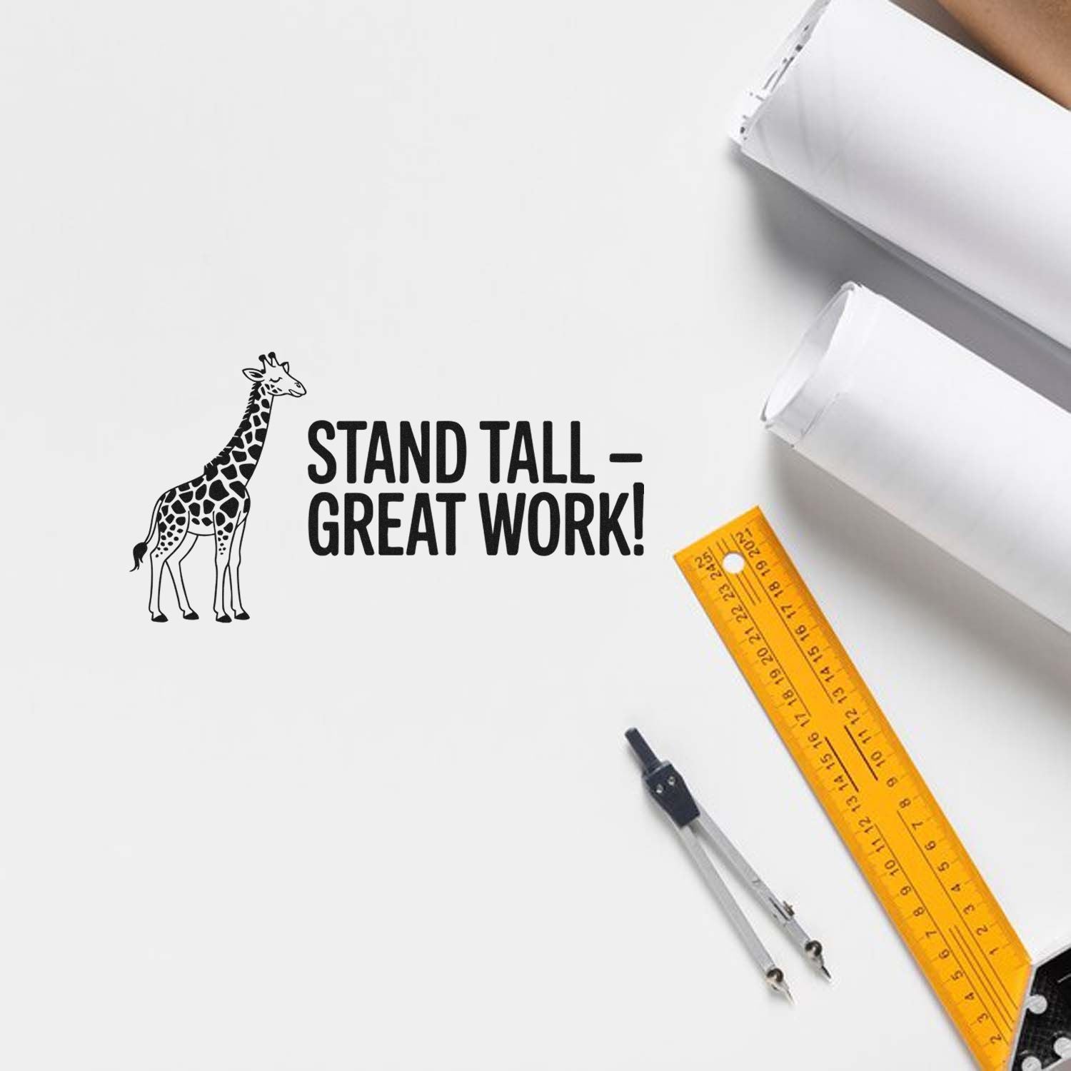 Custom rubber stamp with giraffe and Stand Tall  Great Work! message, ideal for teacher awards, office praise, or branding.