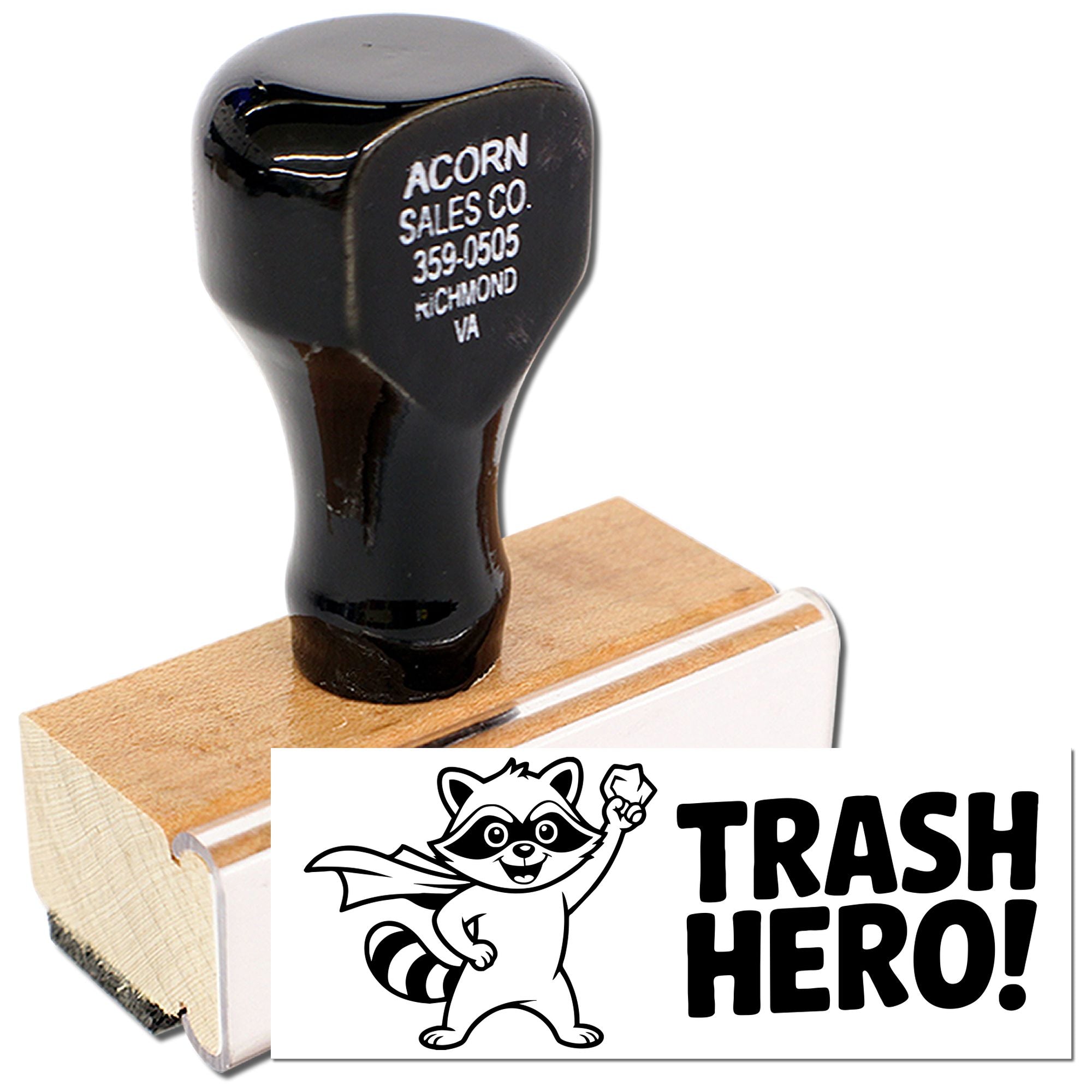 Custom rubber stamp with raccoon Trash Hero design, ideal for eco-friendly packaging, office mail, and branding.