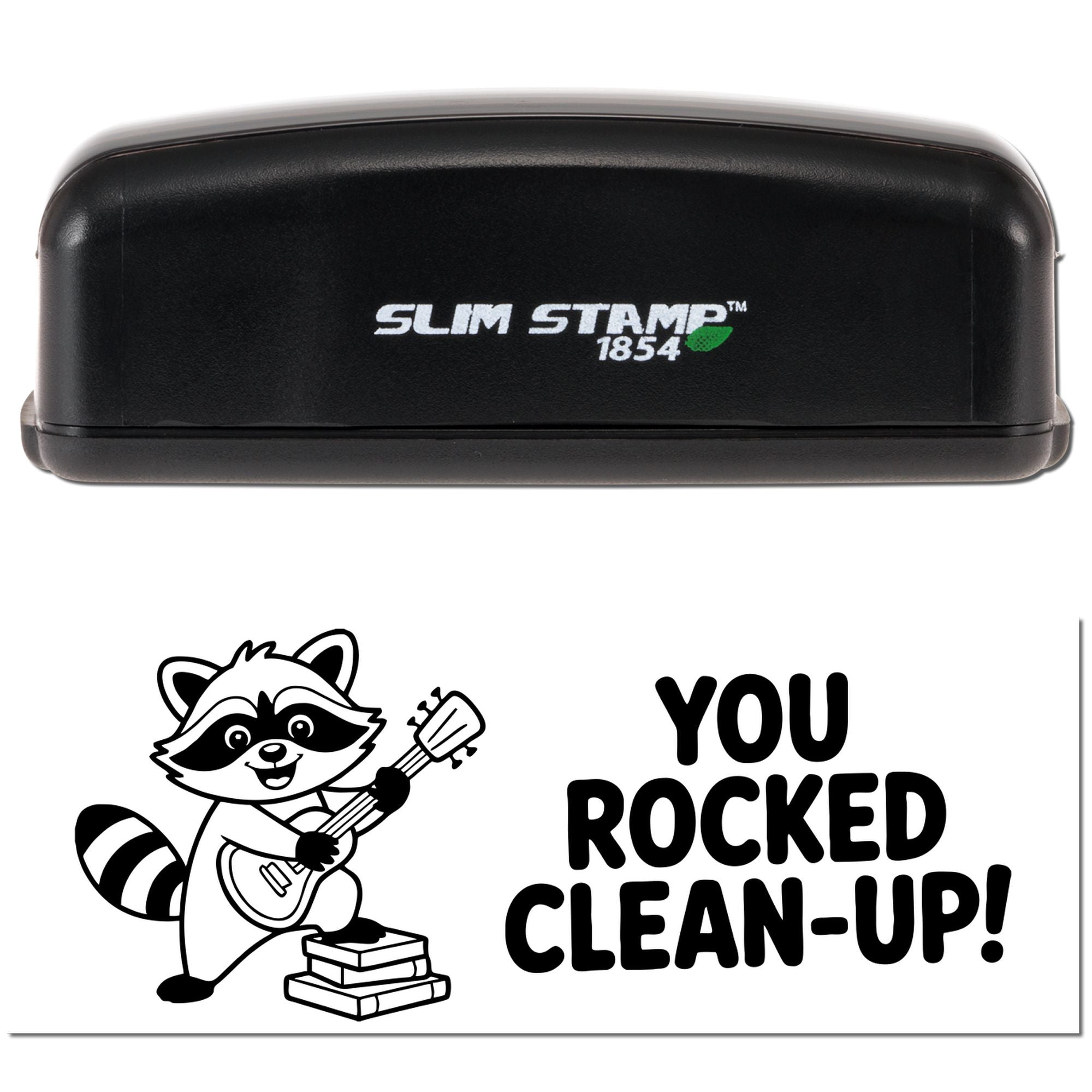 Custom rubber stamp with raccoon and You Rocked Clean-Up! message for classroom reward or cleanup recognition.