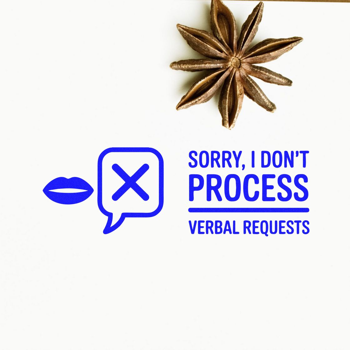 Custom rubber stamp design reading Sorry, I dont process verbal requests with lips icon and crossed speech bubble.