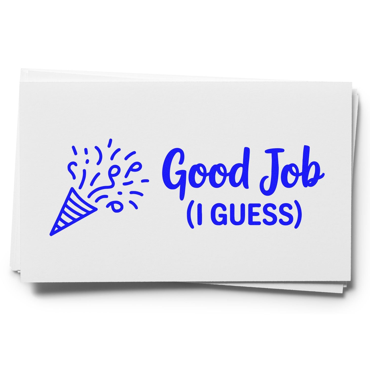 Good Job (I Guess) rubber stamp with party popper icon, blue ink on paper for fun office and celebration use