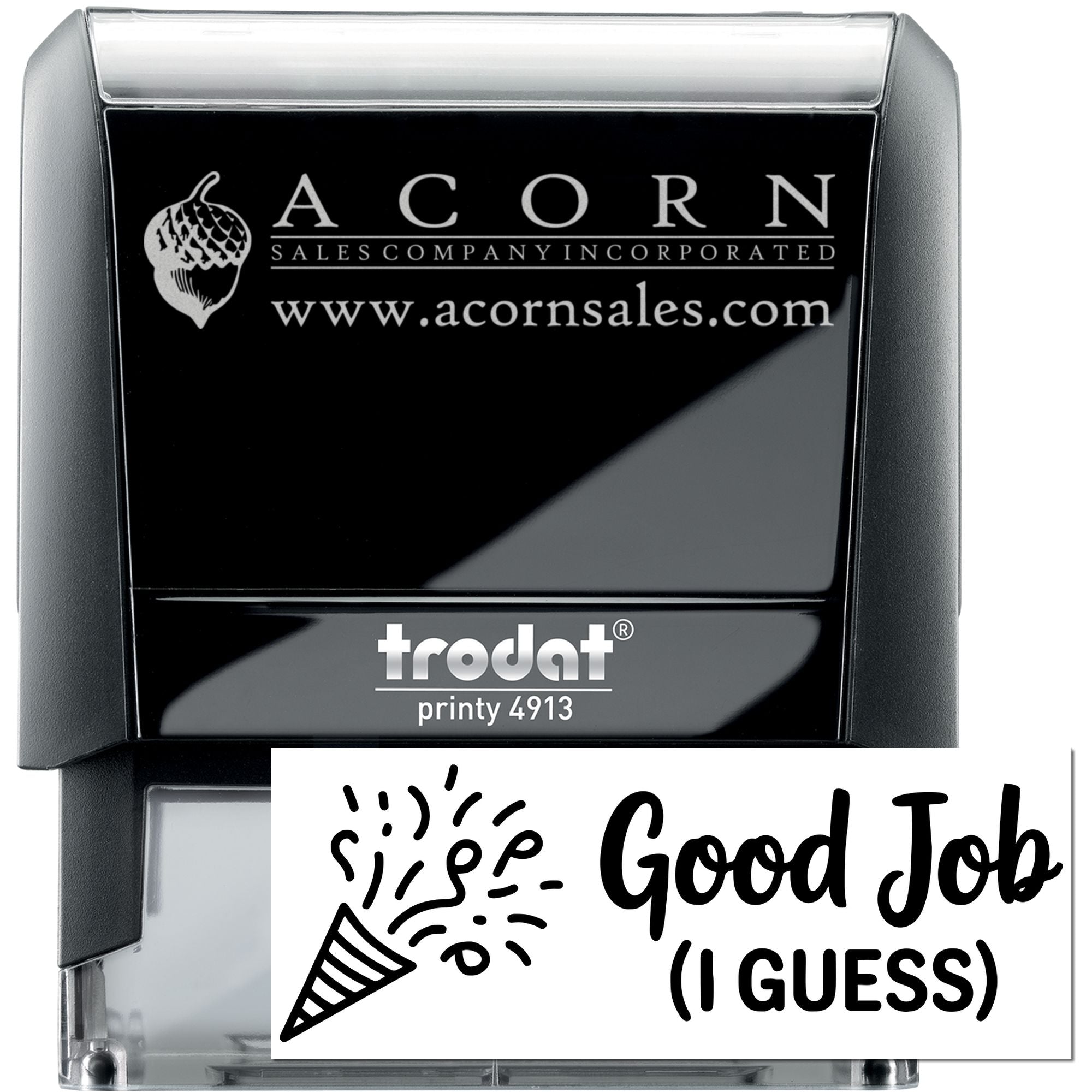 Custom self-inking rubber stamp, Trodat Printy 4913, with company logo and Good Job (I Guess) imprint for business use.