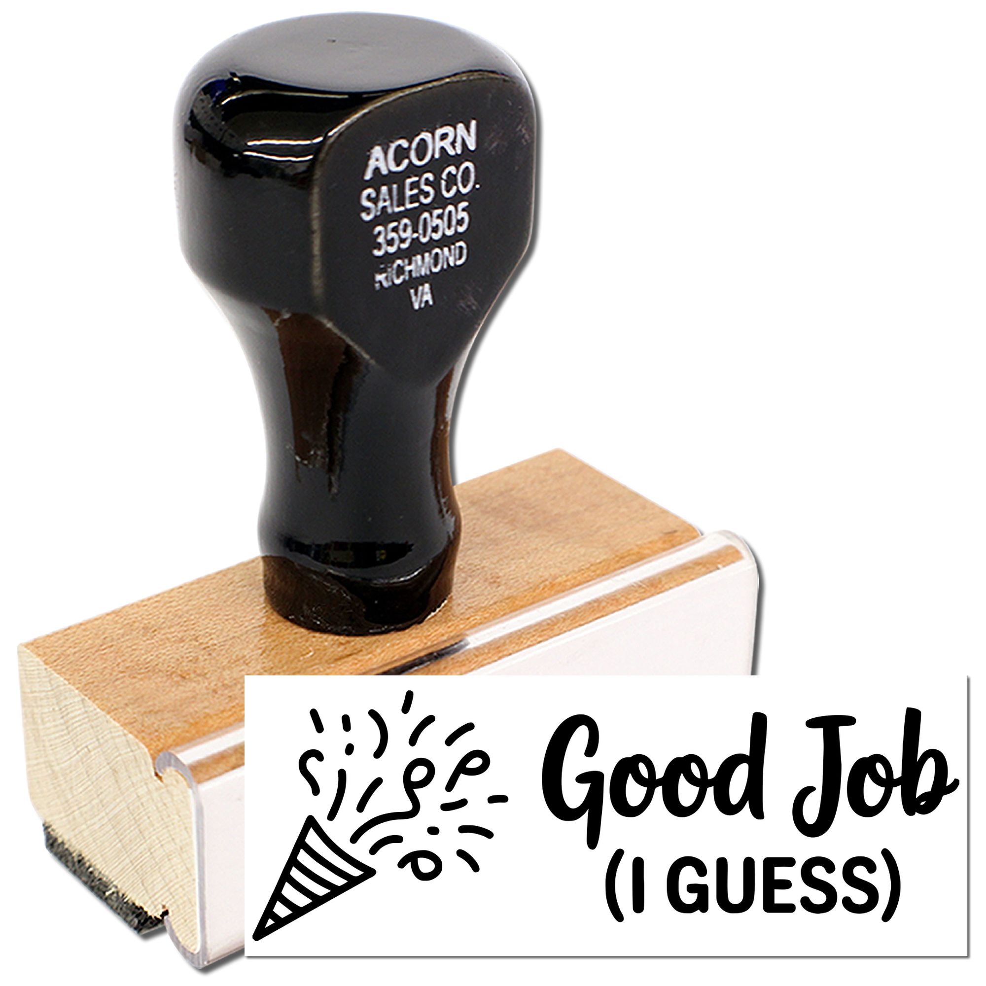 Funny custom rubber stamp reading Good Job (I Guess) for office feedback, classroom grading, and playful recognition.