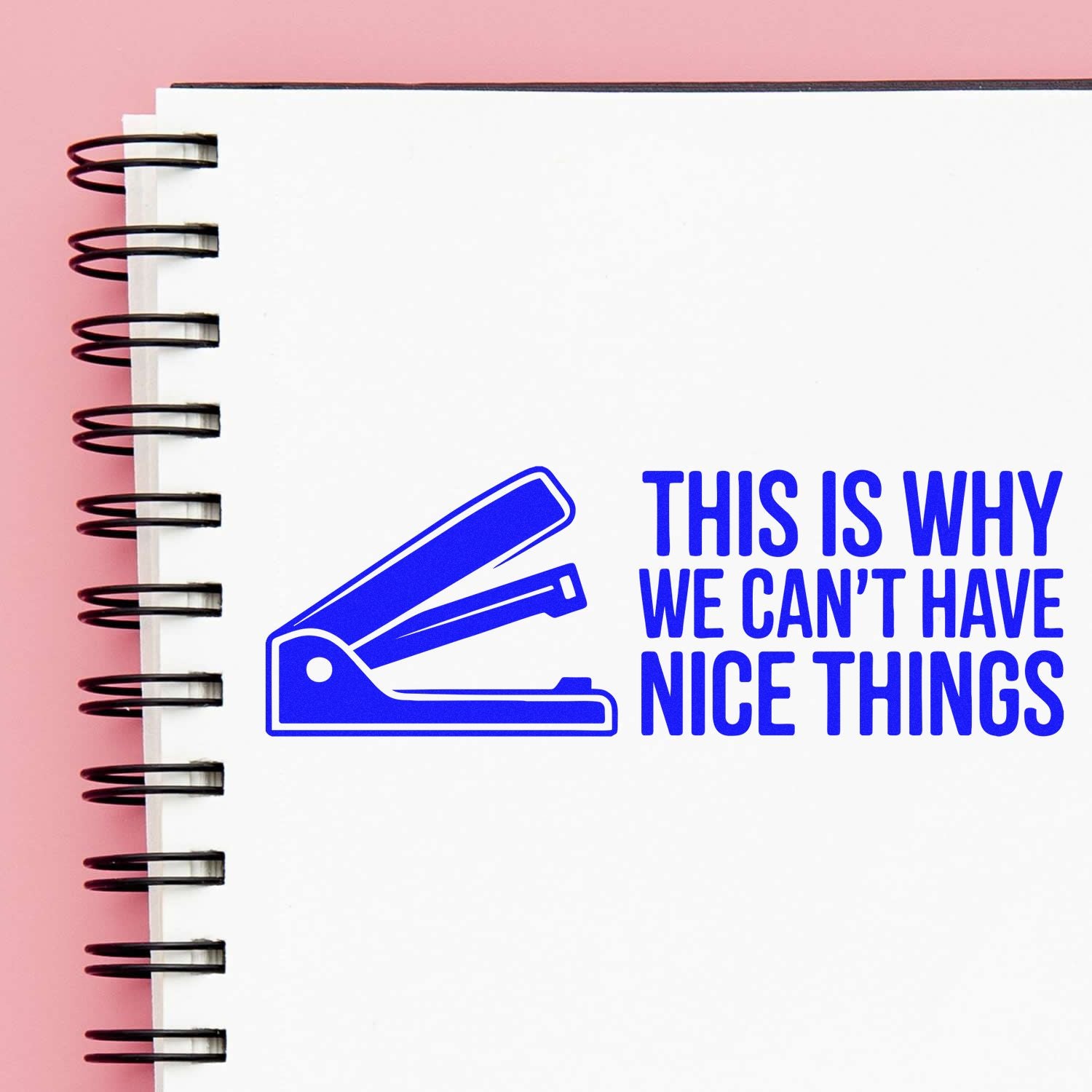 Funny rubber stamp design with a stapler icon and the phrase This is why we cant have nice things on a notebook.