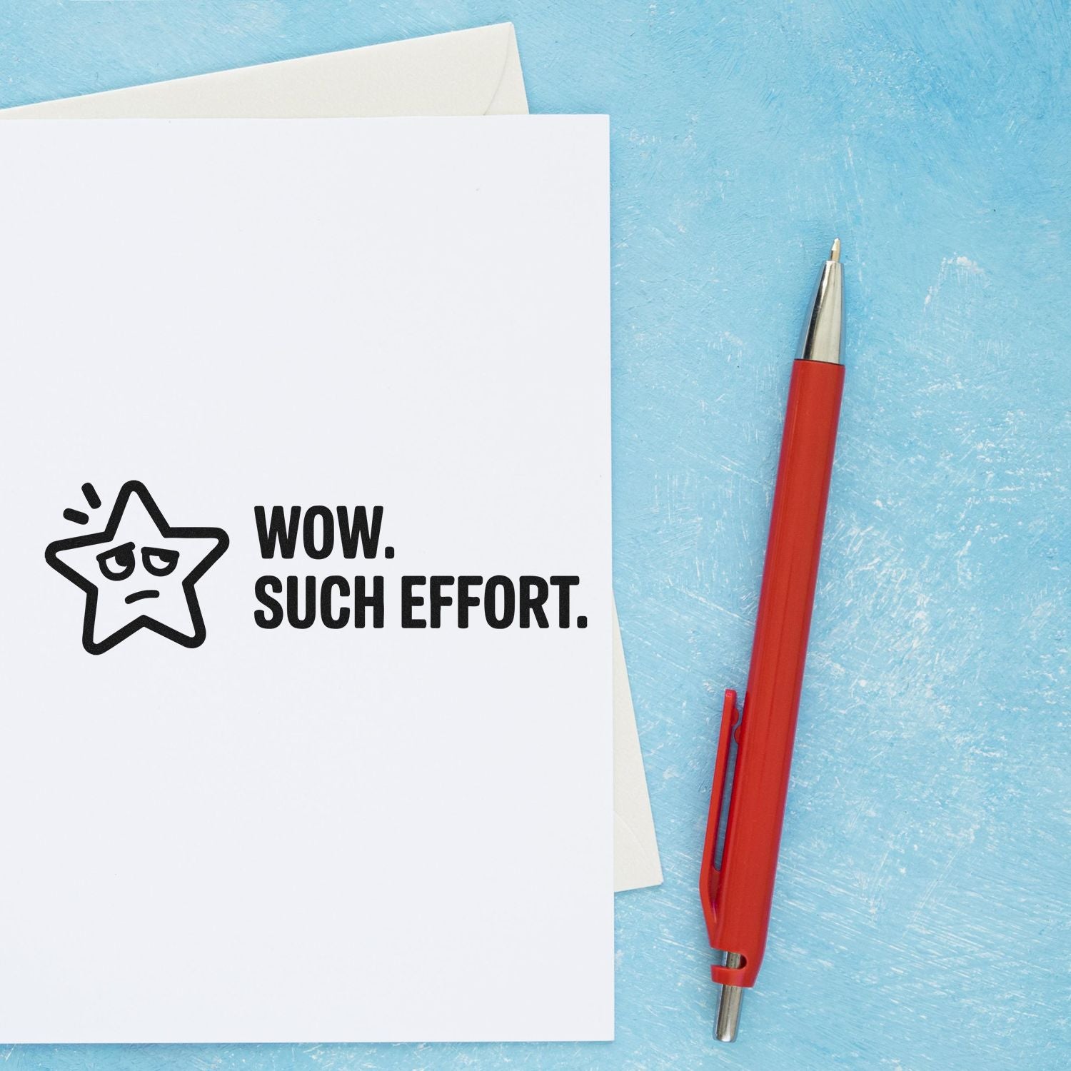 Funny rubber stamp on card reading Wow. Such effort. with star icon, ideal for office stationery and sarcastic notes.