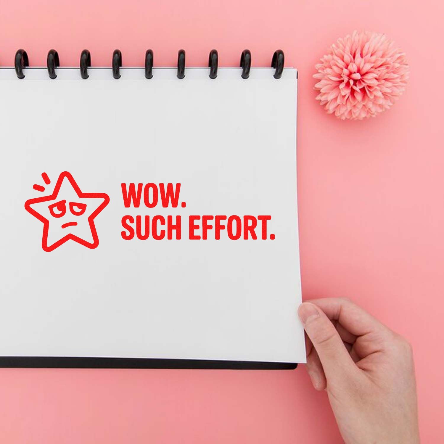 Rubber stamp impression reading WOW. SUCH EFFORT. with star icon on a notebook, perfect for office or teacher use.