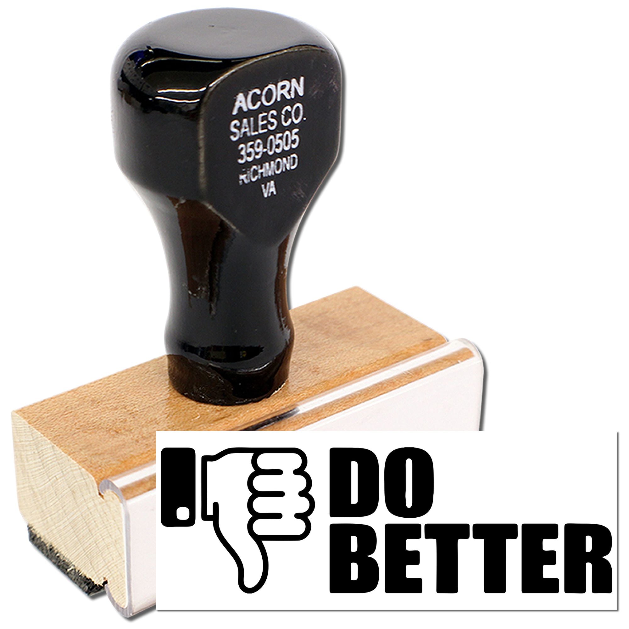 Custom address rubber stamp and Do Better wooden stamp for branding, office use, and motivational messaging.