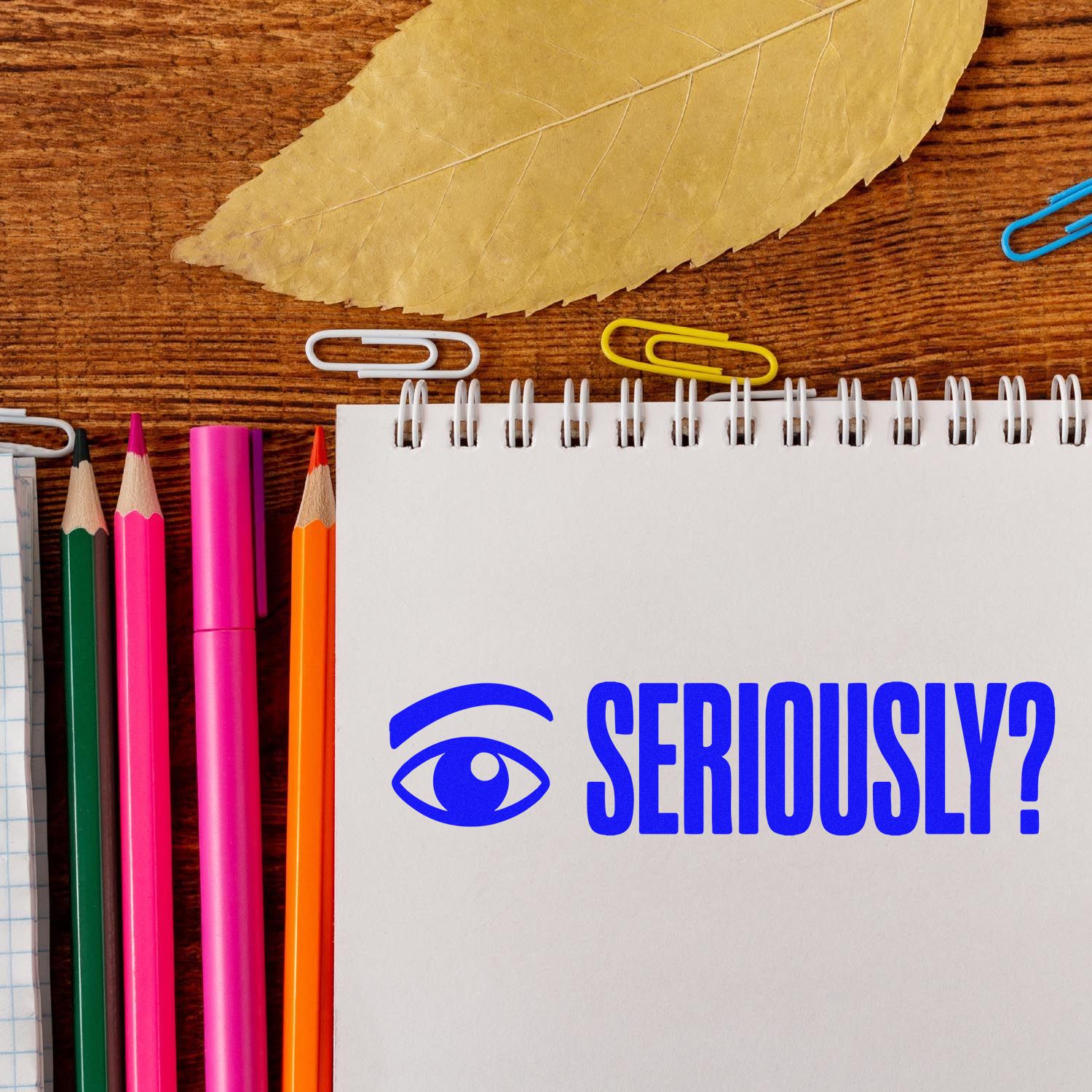 Custom rubber stamp mockup with eye icon and SERIOUSLY? in blue on a notebook, surrounded by pencils and stationery.