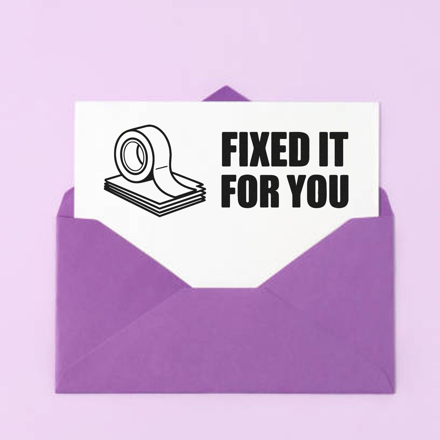 Custom rubber stamp for packaging: Fixed It for You with tape icon on a purple envelope.