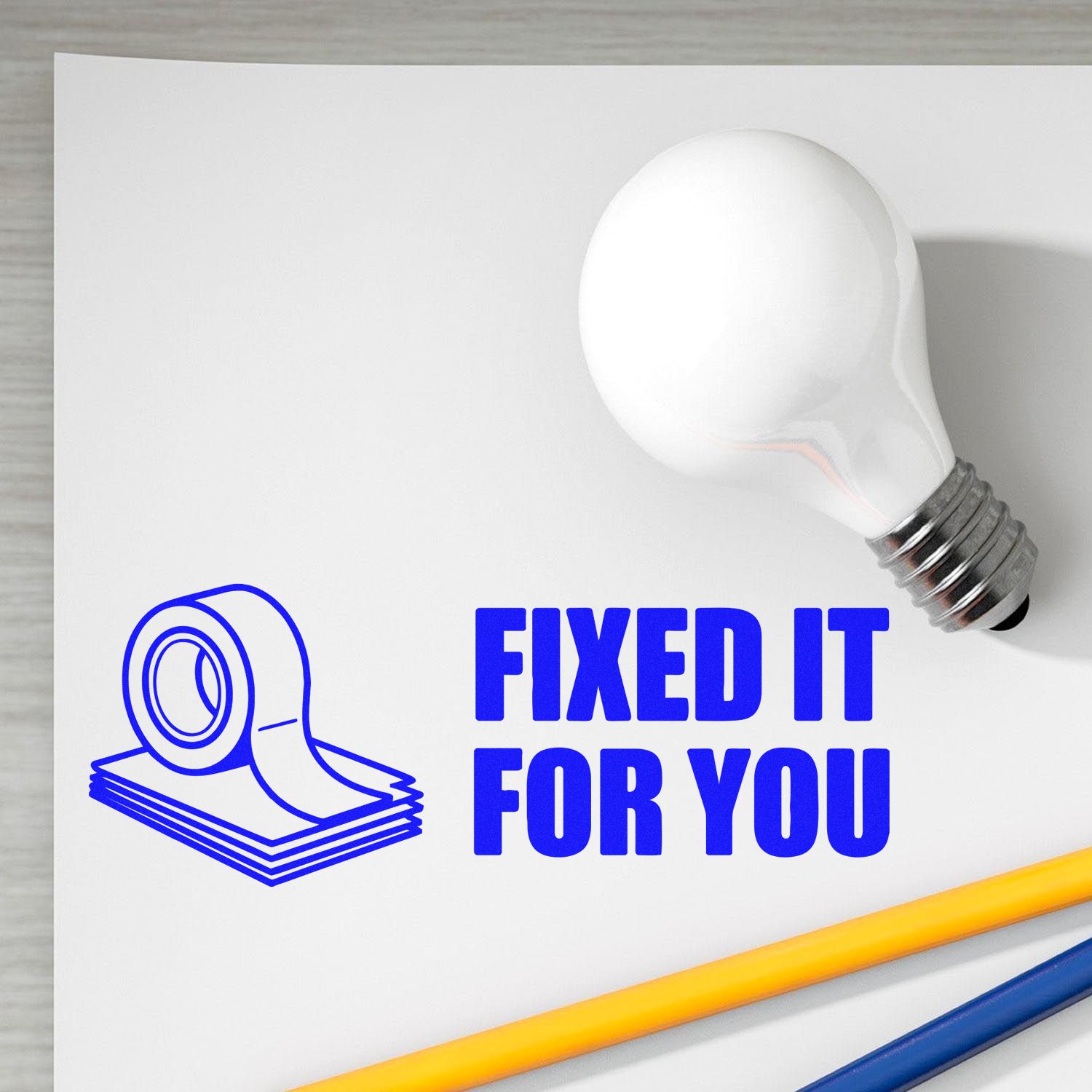Custom rubber stamp design reading Fixed It for You with tape icon, ideal for repair services, office paperwork, and labels.