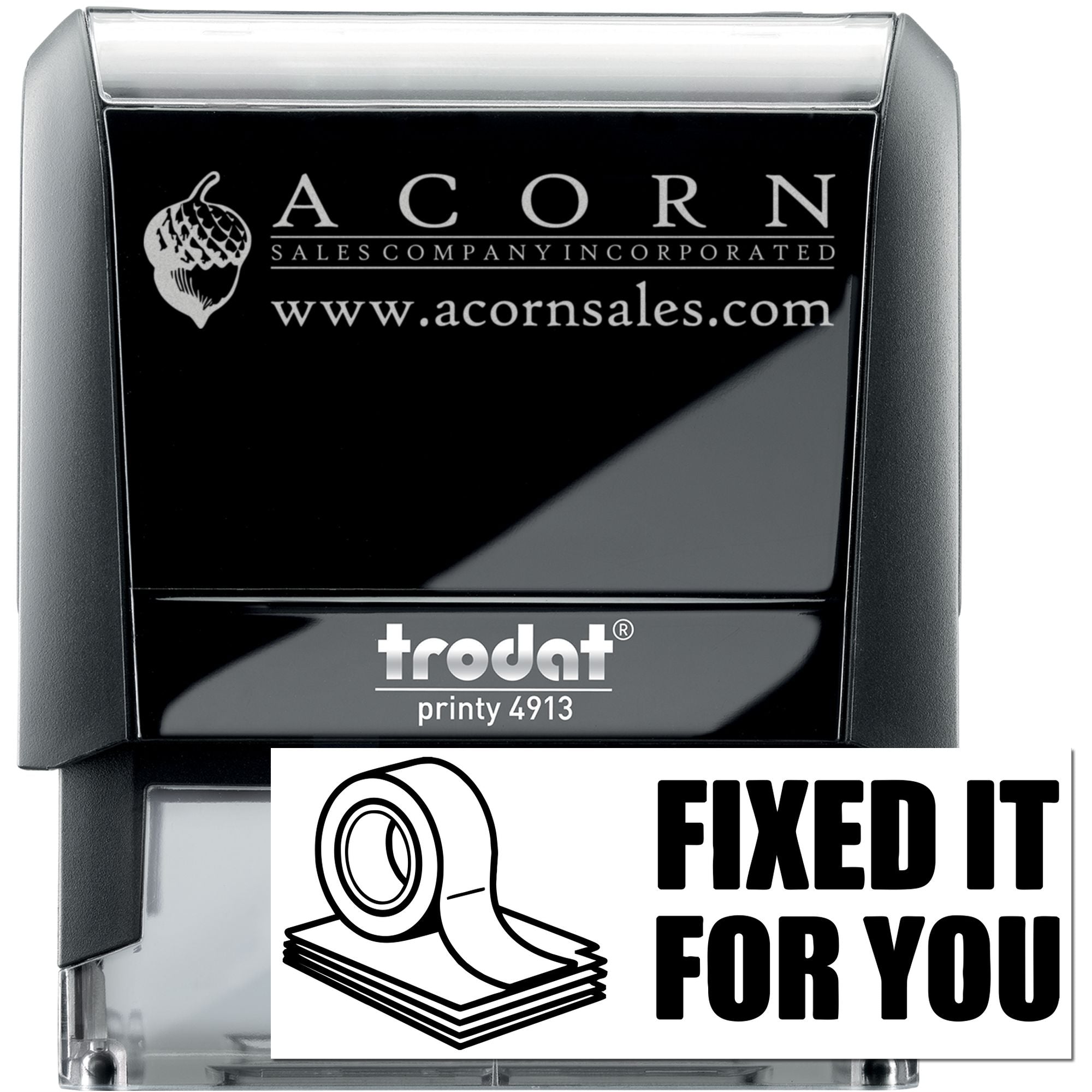 Personalized self-inking rubber stamp for business use, featuring Acorn Sales logo and website on a Trodat Printy 4913.