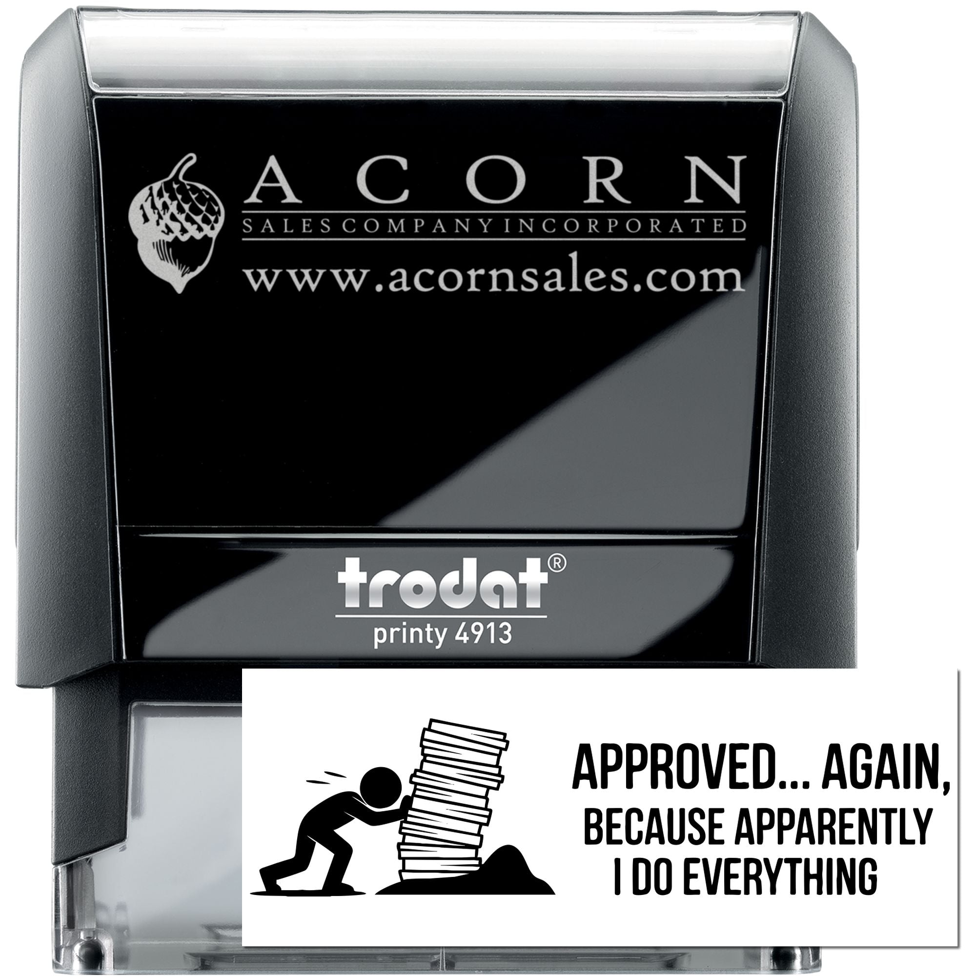Custom self-inking rubber stamp by Trodat with logo and Approved... Again imprint for office document marking.