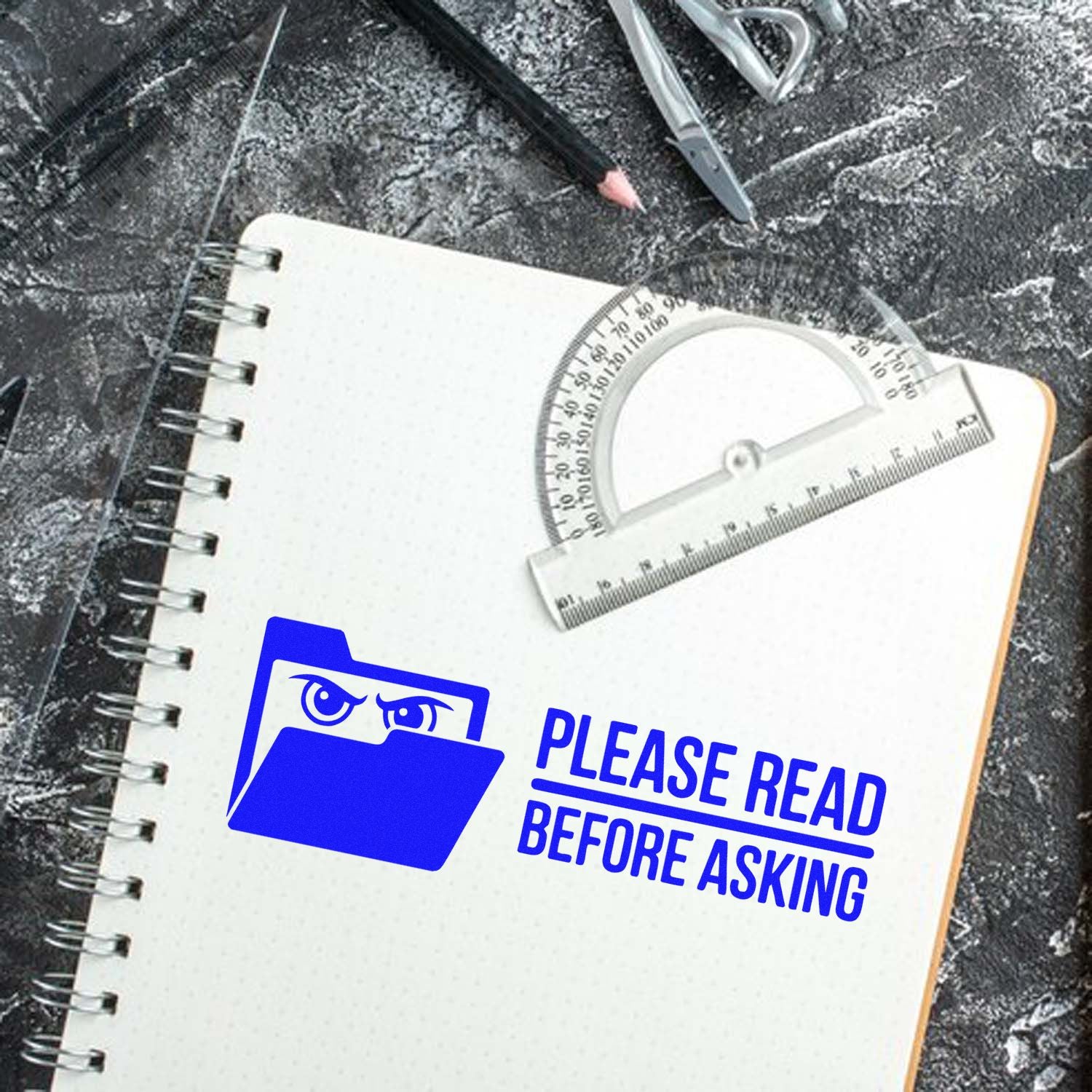 Please Read Before Asking rubber stamp design for office notebooks, a bold reminder for clear communication.