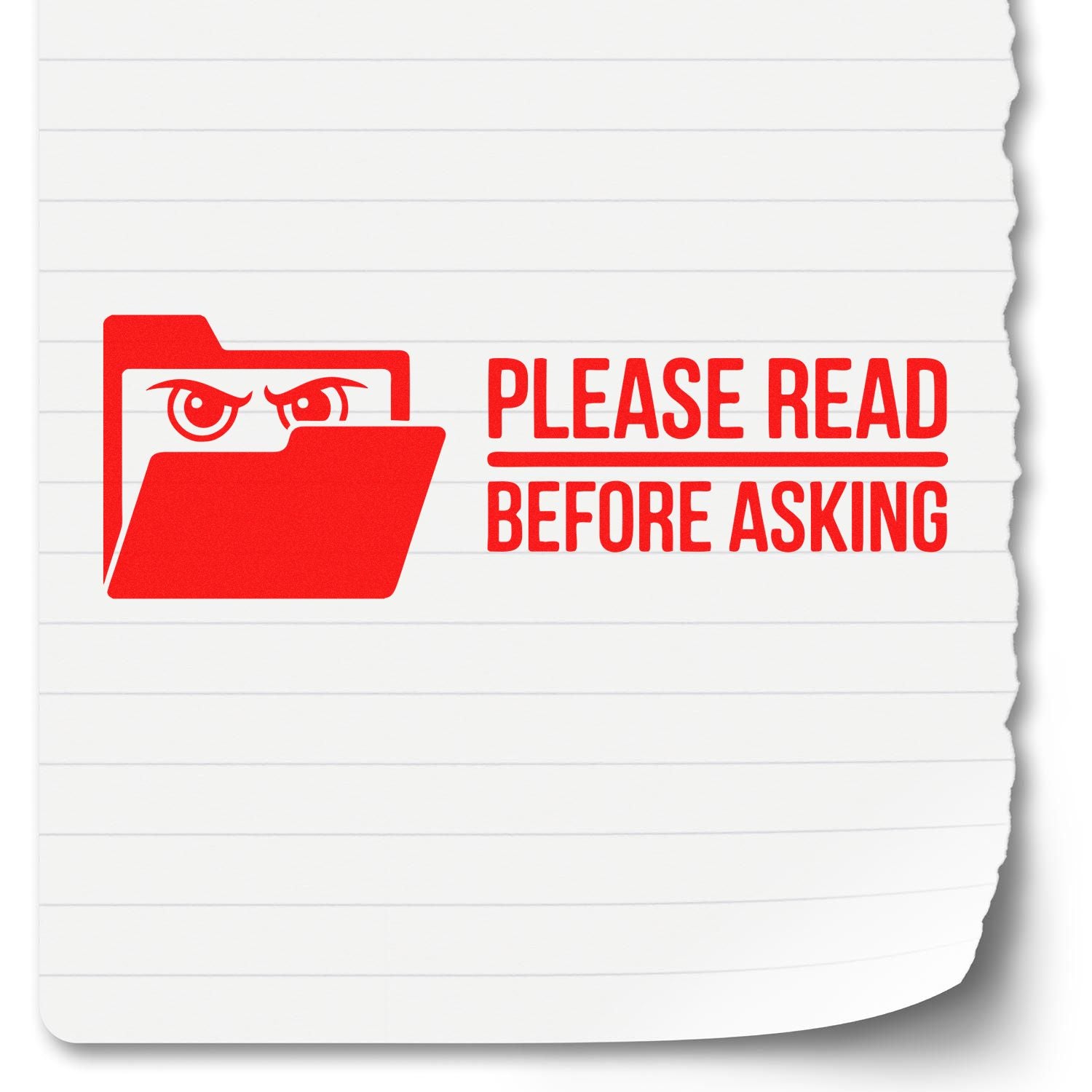 Rubber stamp design with folder icon and Please Read Before Asking text for office document review and customer service.