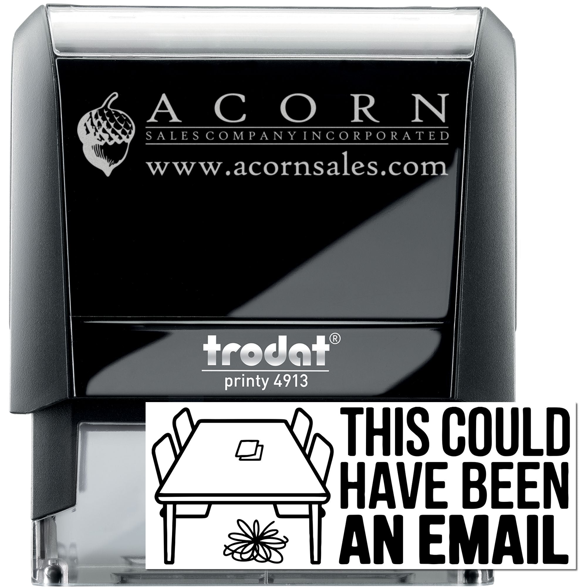 Custom self-inking Trodat Printy 4913 rubber stamp with Acorn Sales Company logo and website for business branding