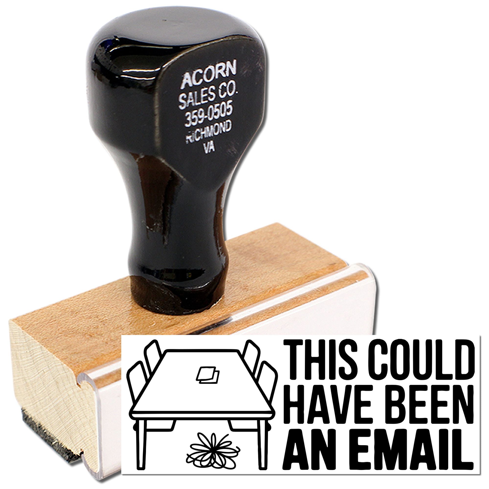 Personalized rubber stamp with This could have been an email message and house icon on wooden block.