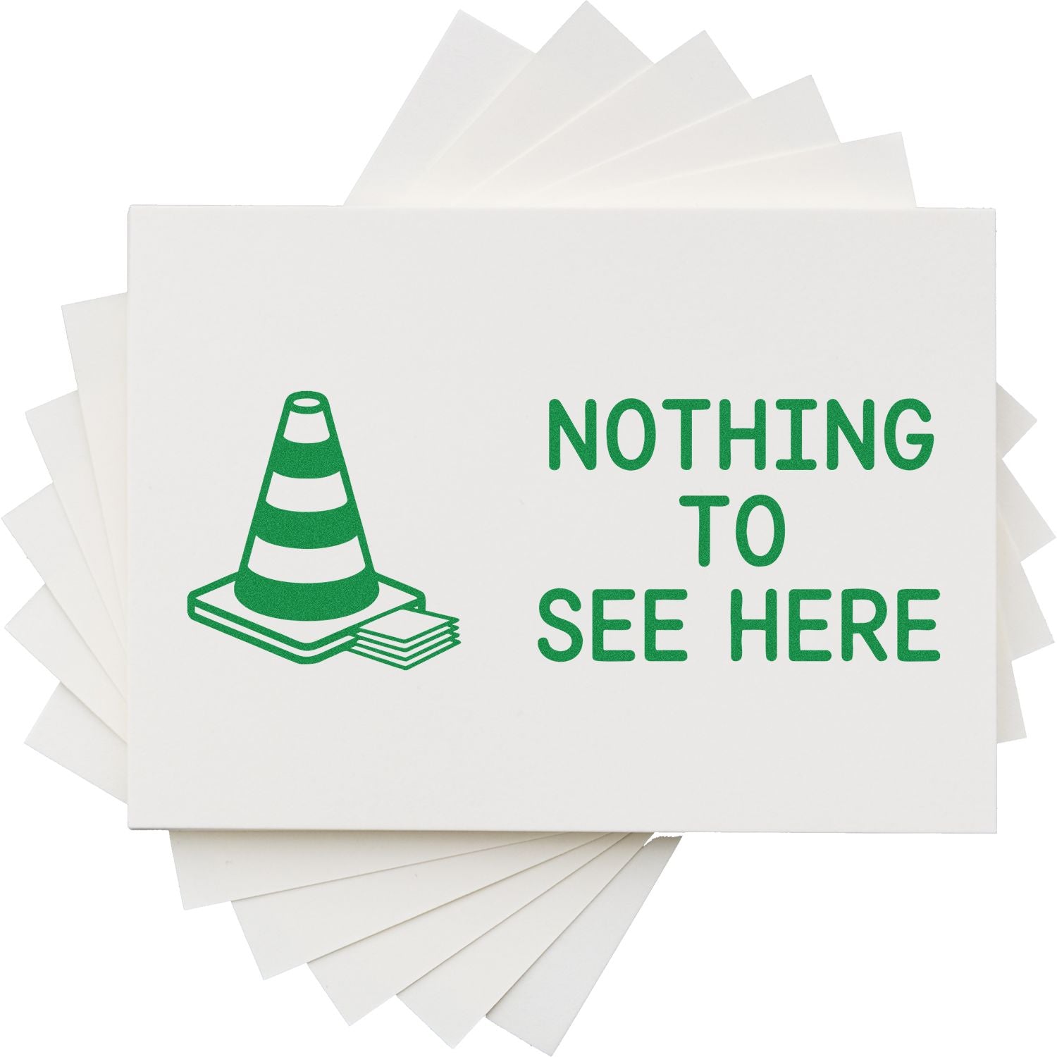 Nothing to See Here rubber stamp with traffic cone icon for marking confidential documents and office papers.