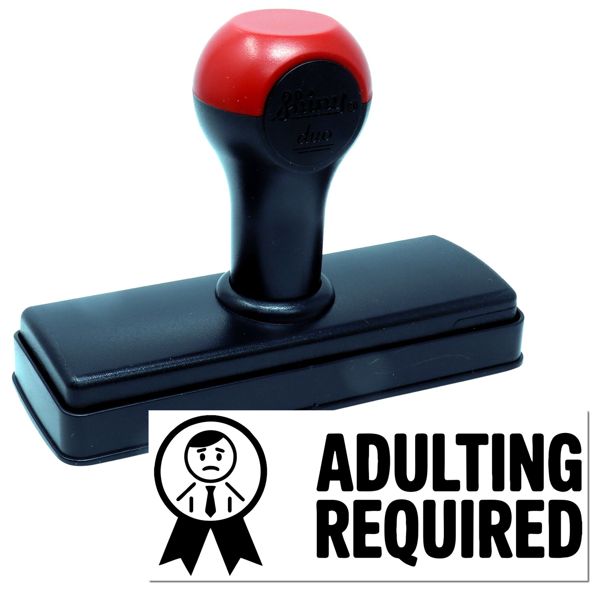 Self-inking rubber stamp with Adulting Required impression for office, planner, and craft use.