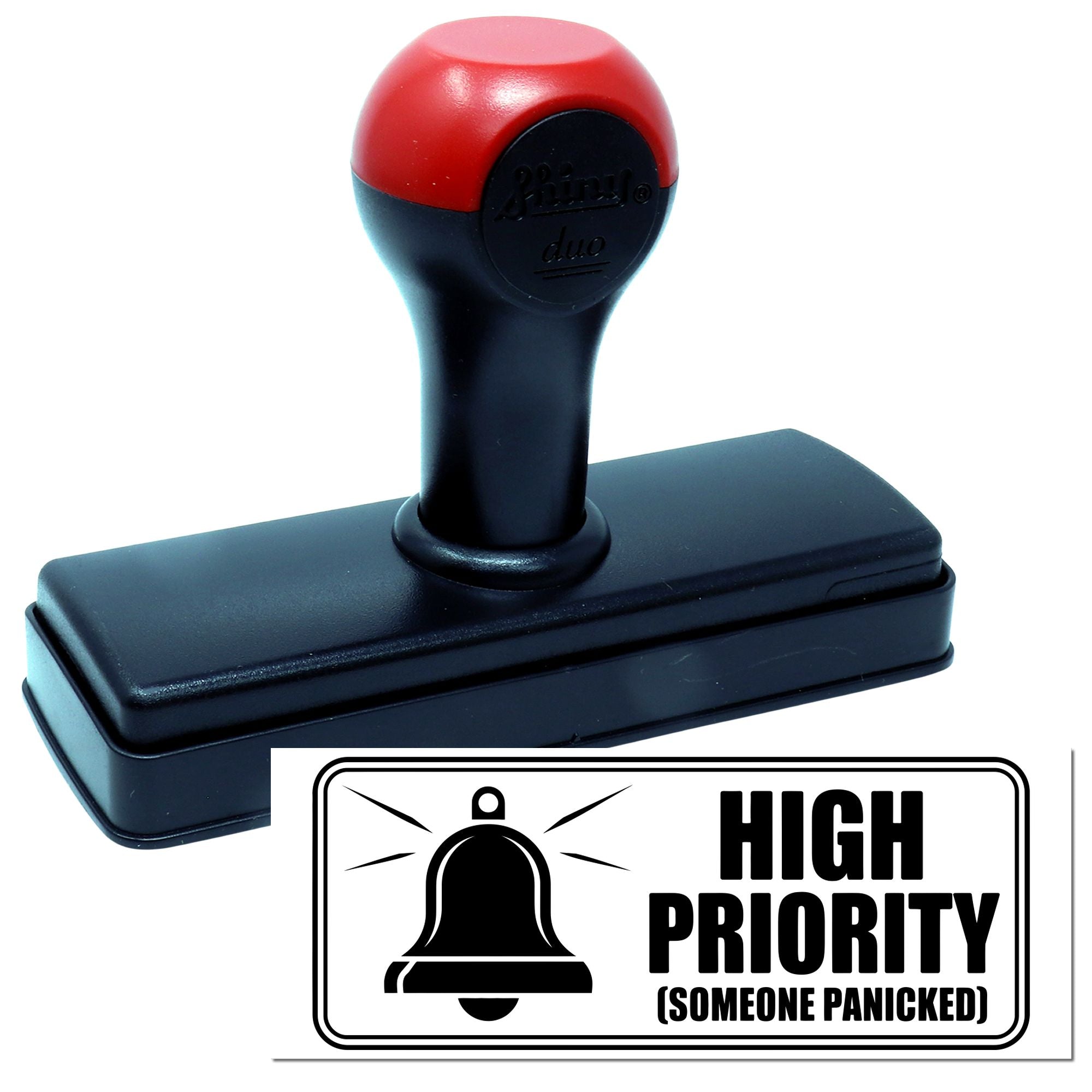 High Priority self-inking rubber stamp with bell icon and Someone Panicked text for urgent office labeling.