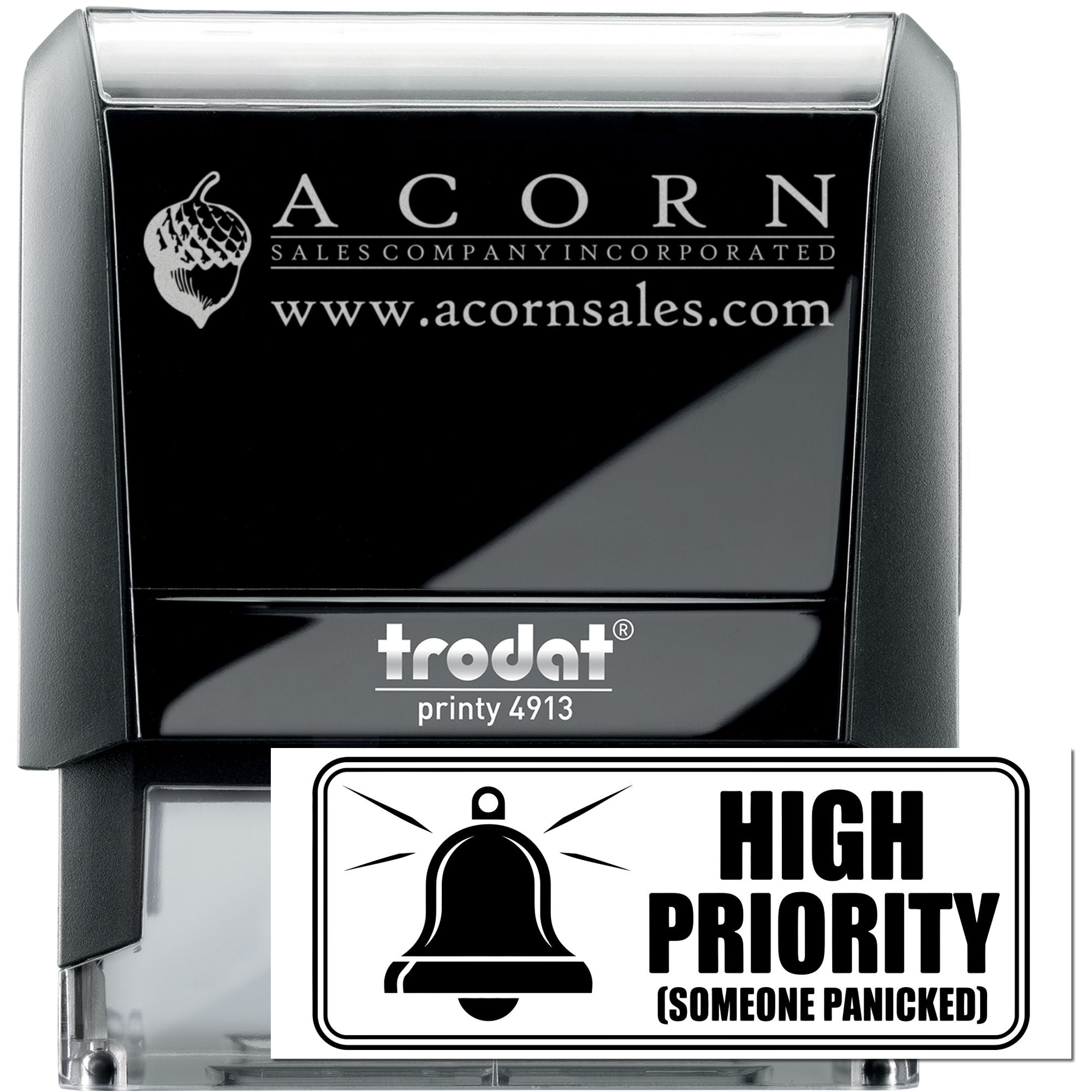 Trodat Printy 4913 custom self-inking rubber stamp with Acorn Sales logo and High Priority imprint.