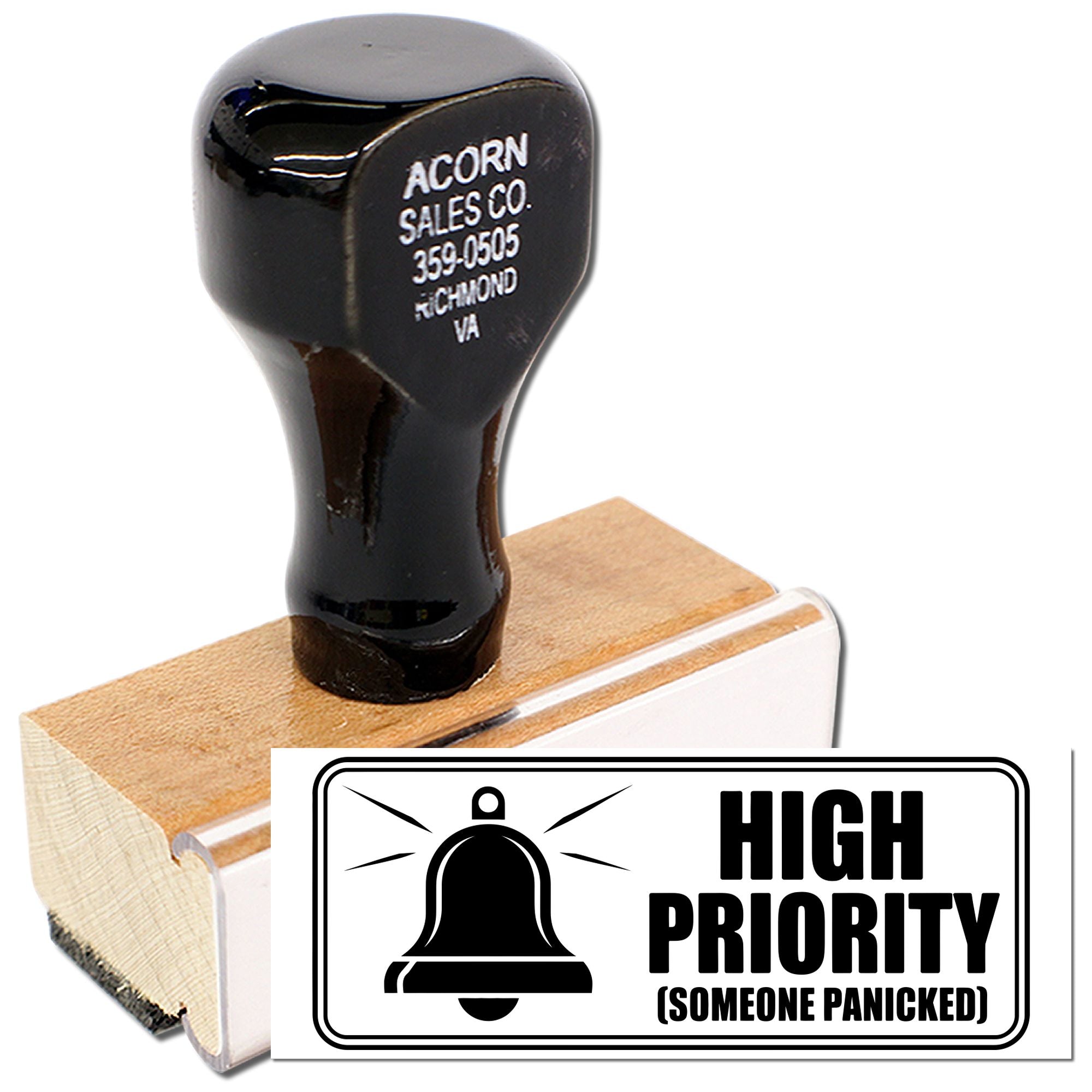 High Priority custom rubber stamp with bell icon, ideal for office mail, shipping, and business labels.