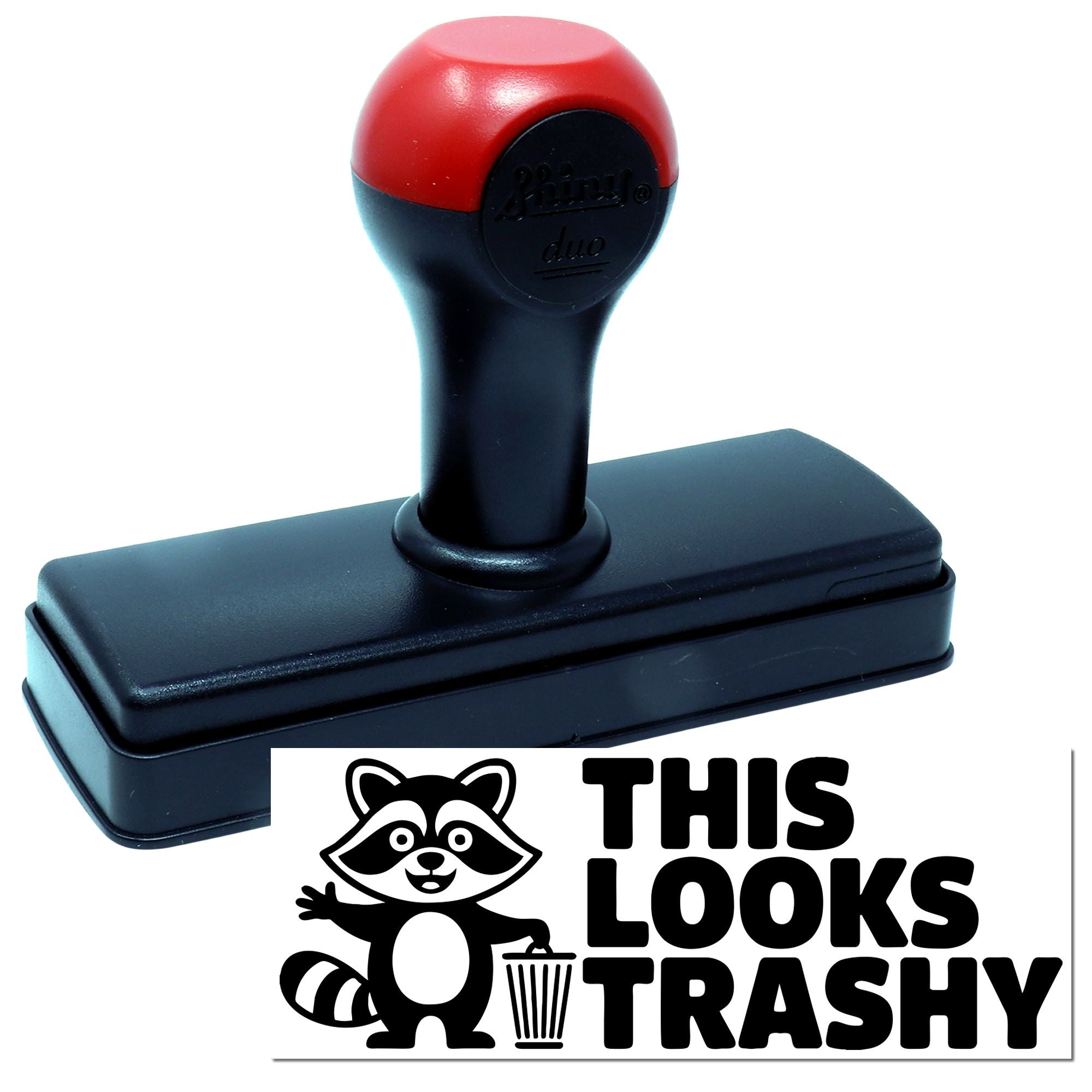 Self-inking rubber stamp with raccoon This Looks Trashy imprint, ideal for novelty custom rubber stamp projects.