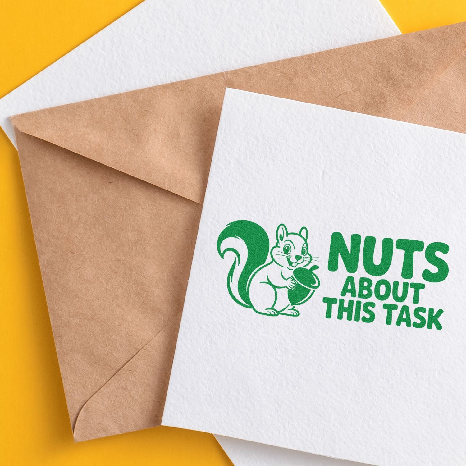 Custom rubber stamp with squirrel and Nuts About This Task design on envelopes and stationery