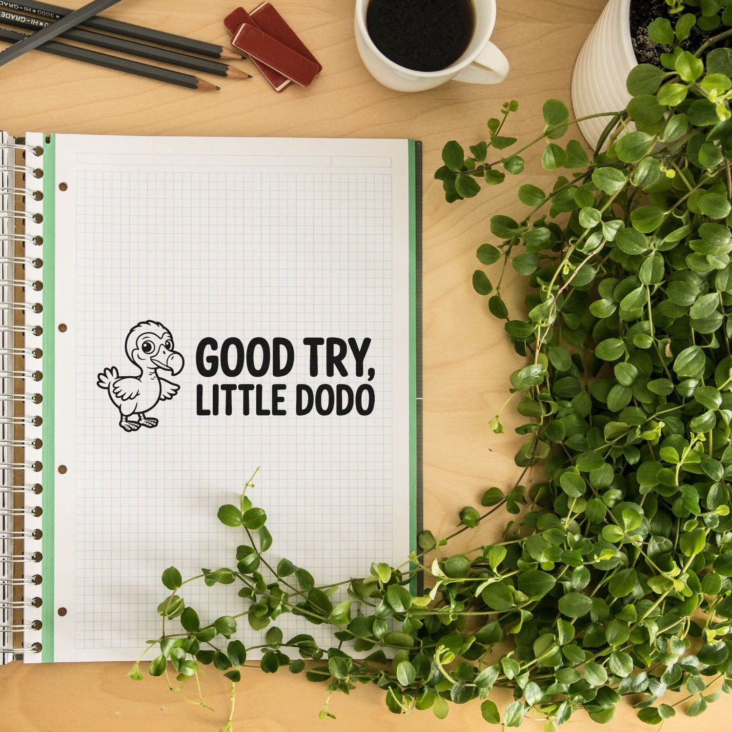 Good Try, Little Dodo rubber stamp on notebook page, perfect for journals, planners, and teacher crafts.