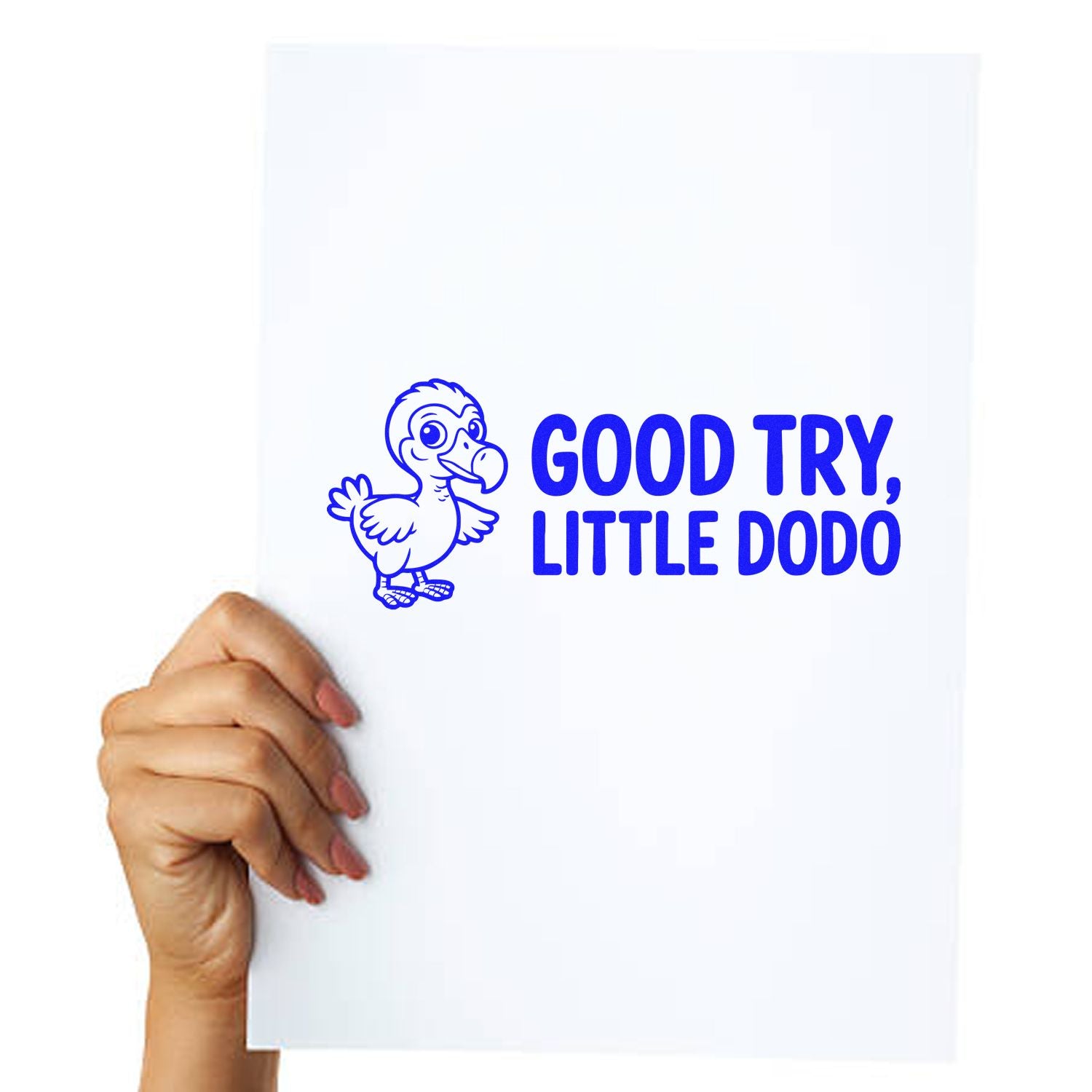 Funny rubber stamp design with dodo bird and Good Try, Little Dodo text for playful classroom or office use.