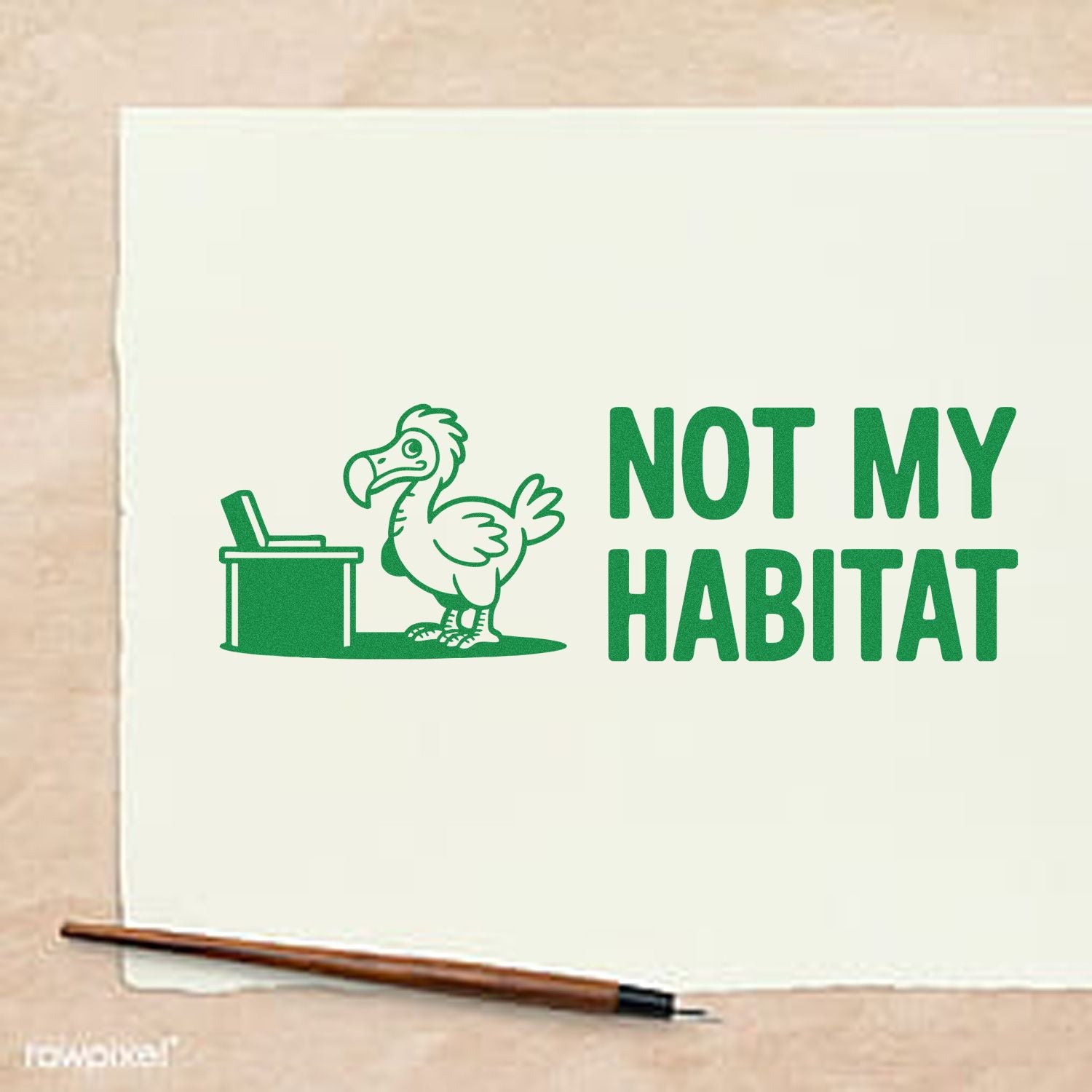Not My Habitat rubber stamp design with dodo bird and trash can, ideal for eco-friendly protest, classroom, and craft projects.