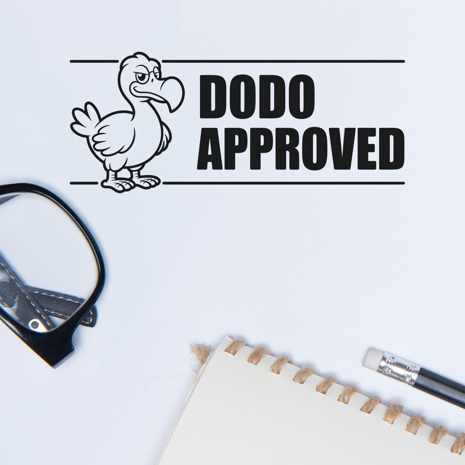 Custom rubber stamp design with dodo bird and DODO APPROVED text for office, packaging, or branding use.