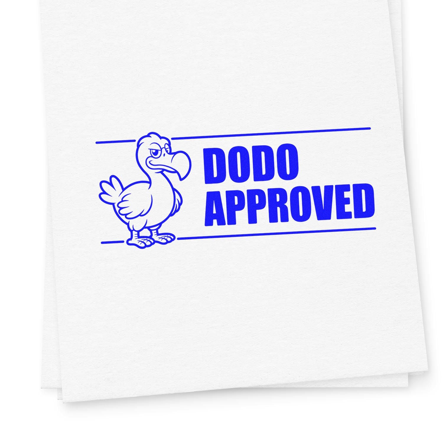 Blue Dodo Approved rubber stamp impression with cartoon dodo bird on white paper.