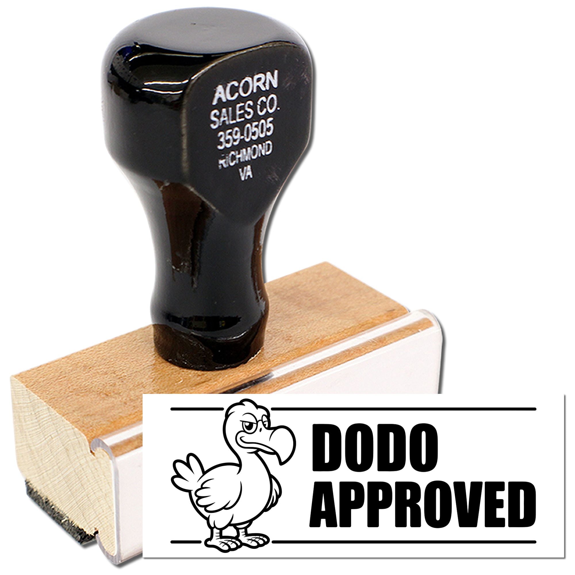 Custom rubber stamp with Dodo Approved design and wood handle for fun business, craft, or packaging branding.