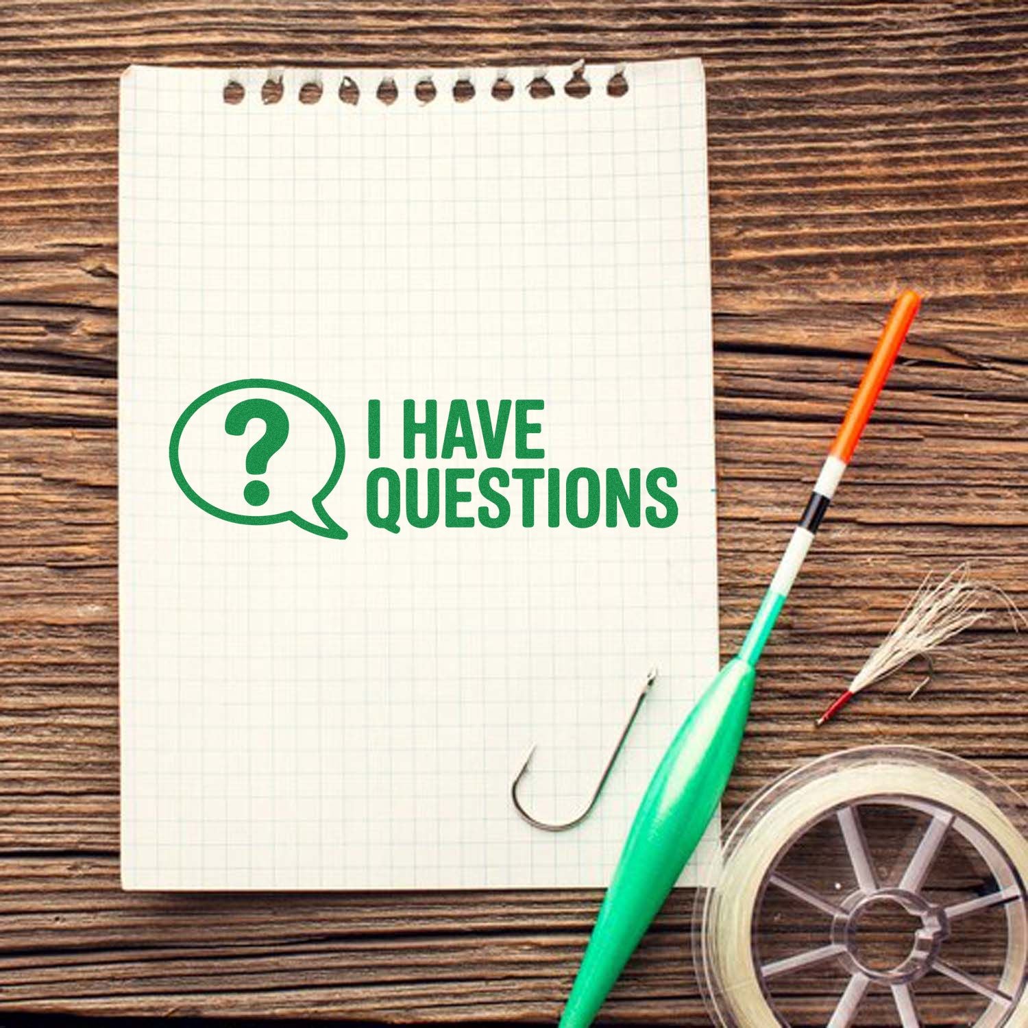 I Have Questions rubber stamp on notebook, perfect for teacher feedback, office notes, and custom stamp designs.