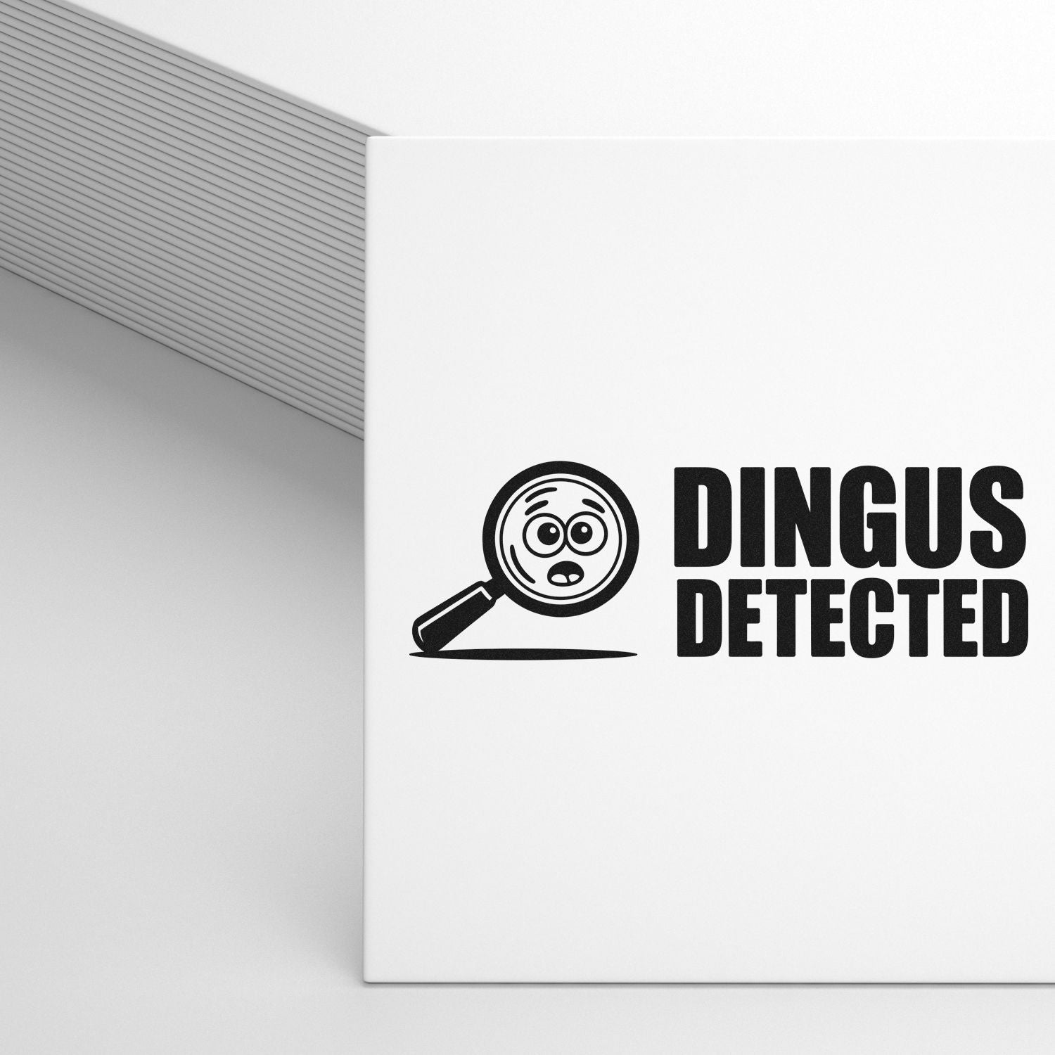 Dingus Detected rubber stamp design with magnifying glass face icon for funny warning labels