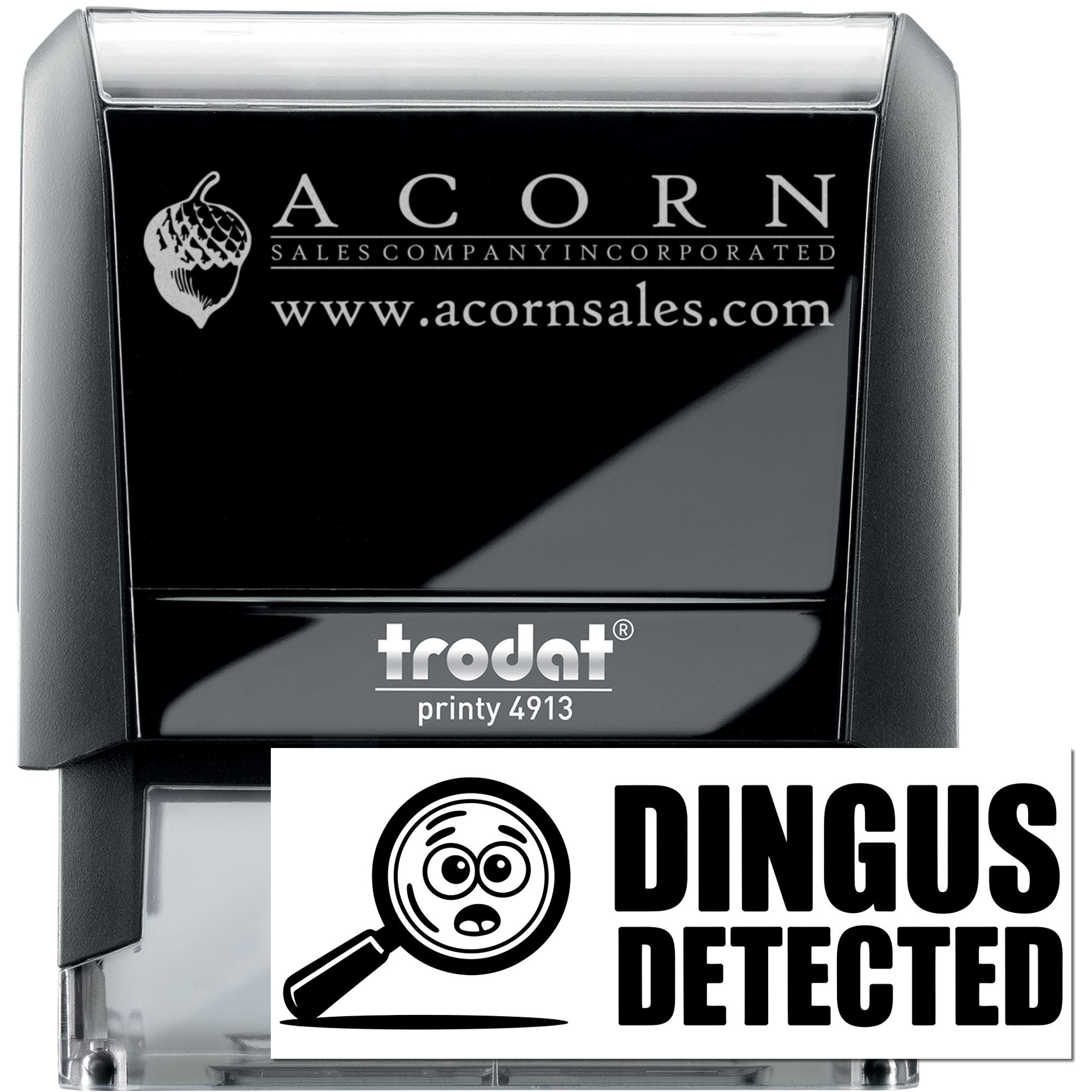 Custom self-inking rubber stamp for businesses, Trodat Printy 4913, featuring Acorn Sales Company logo and website.