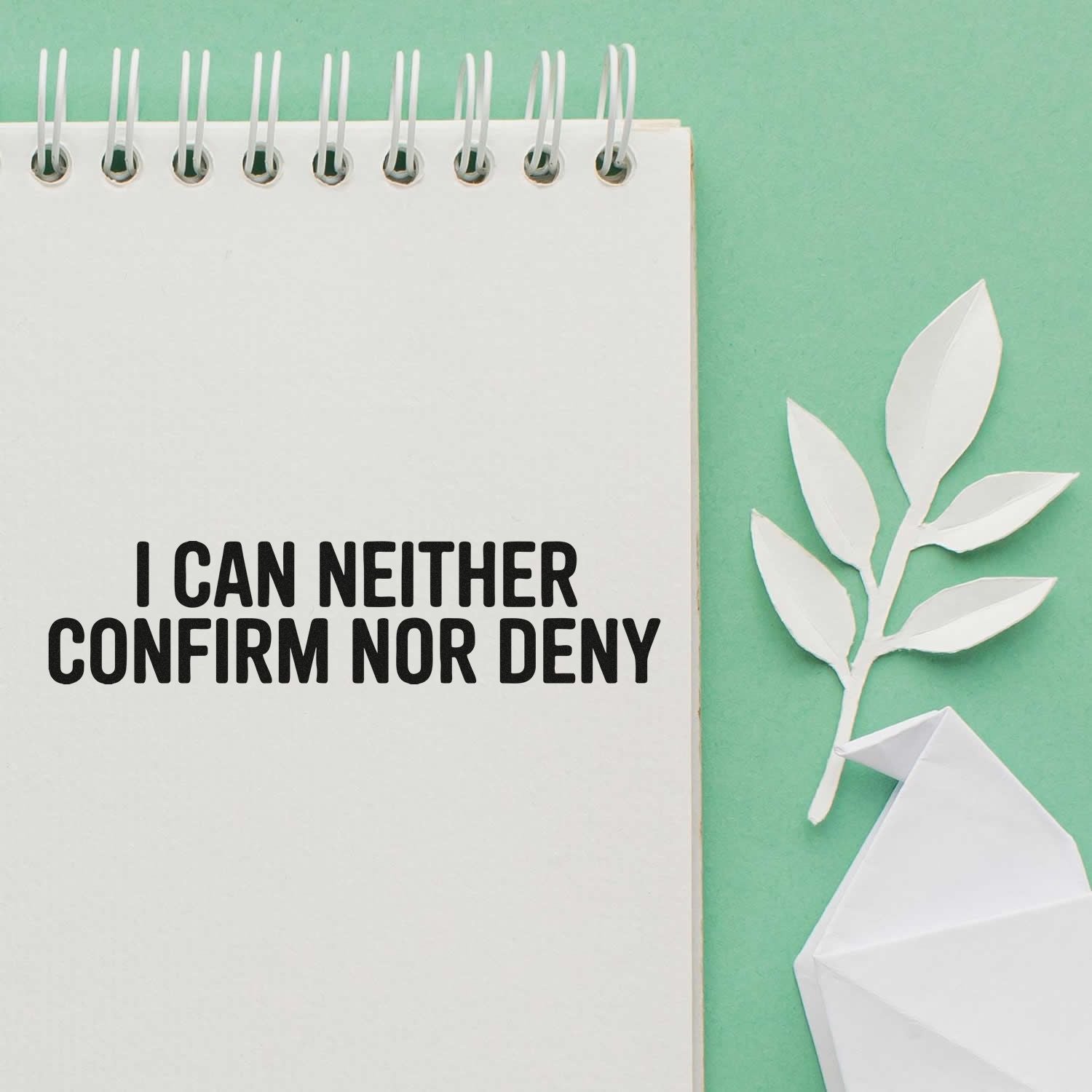 Custom rubber stamp imprint reading I can neither confirm nor deny on a notebook page for humorous office or planner use.
