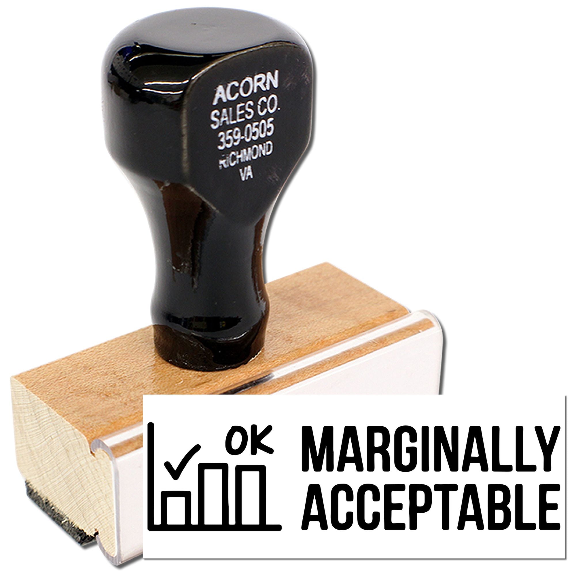 Custom rubber stamp with Marginally Acceptable design on wooden handle for office grading and approval marking.